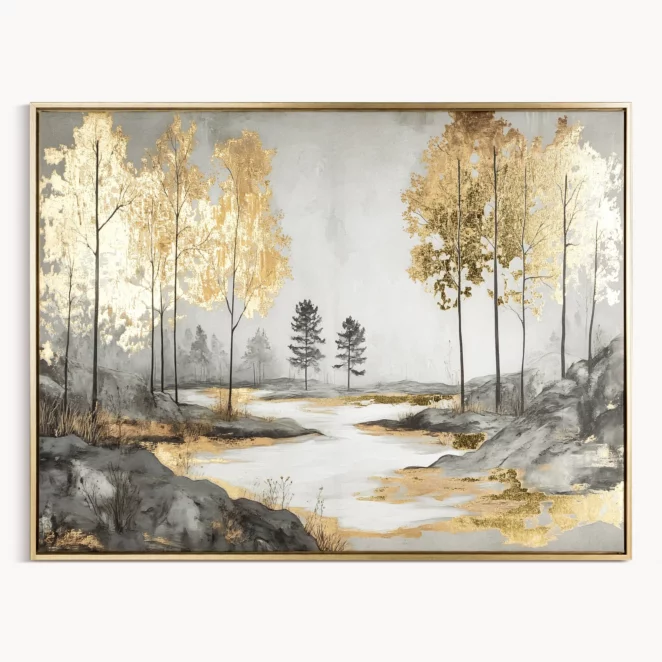Obraz szaro, złoty nadruk na płótnie pejzaż z metalicznymi akcentami 60x80 cm