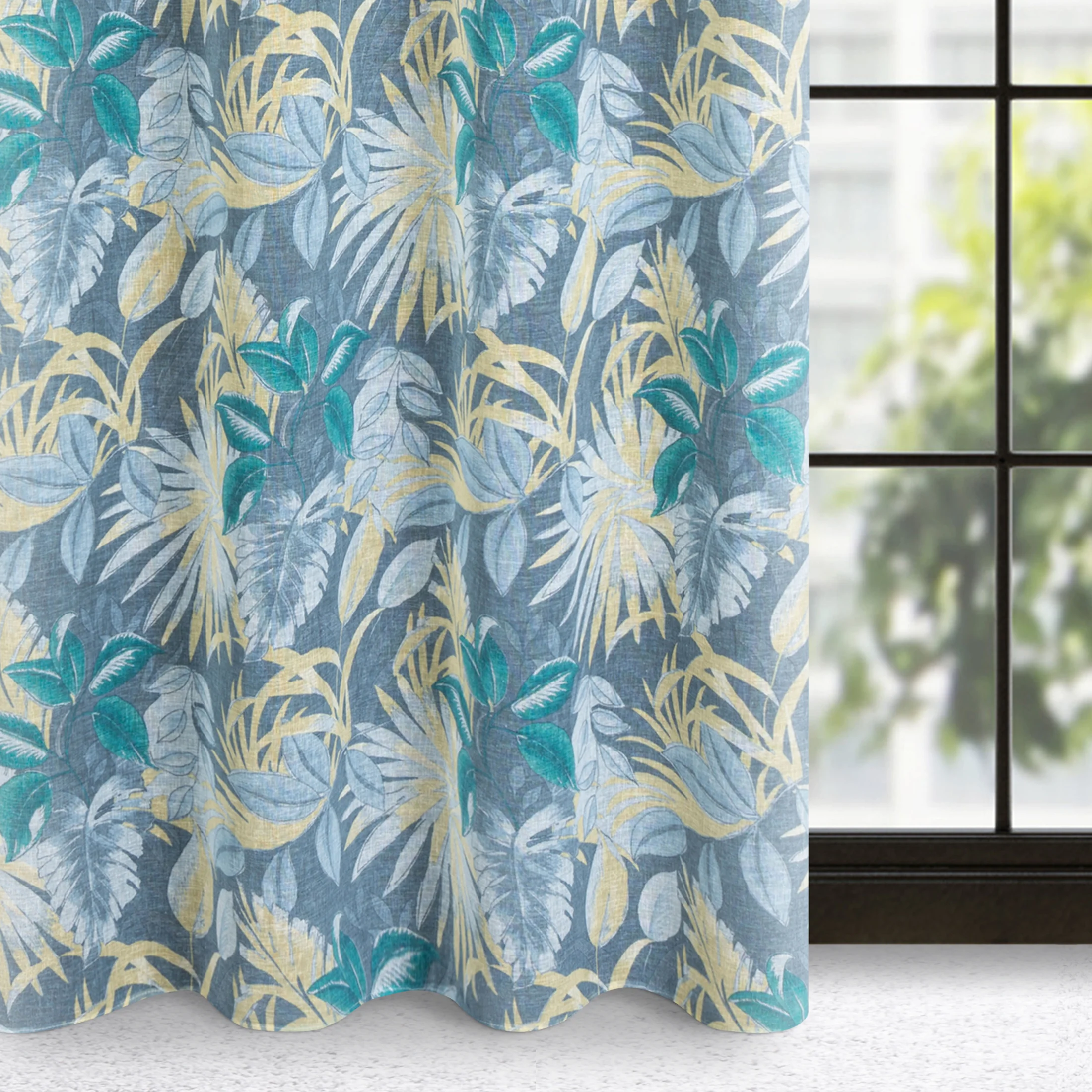 Zasłona turkusowo, żółta we wzór botaniczny z etaminy 140x250 cm przelotka - LENA | eurofirany