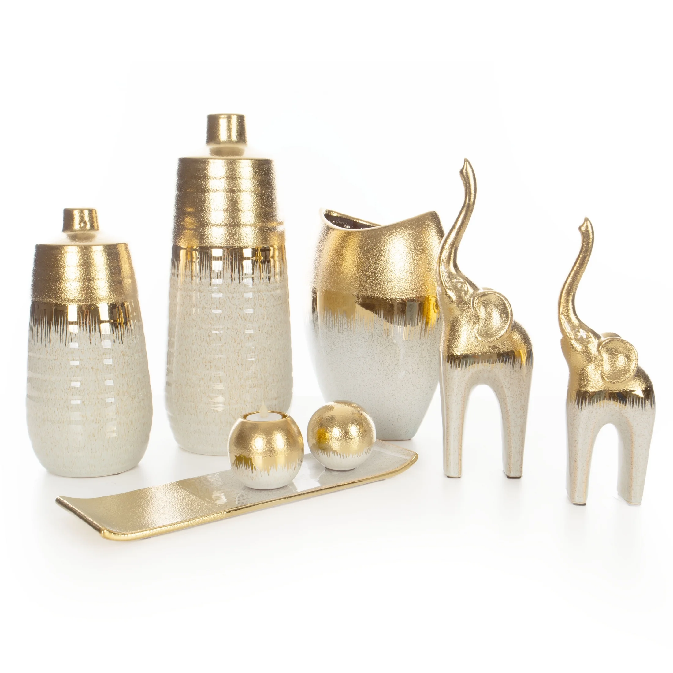 Wazon ceramiczny kremowo-złoty łączący fakturę granitu z lśniącą powierzchnią 15x15x30 cm