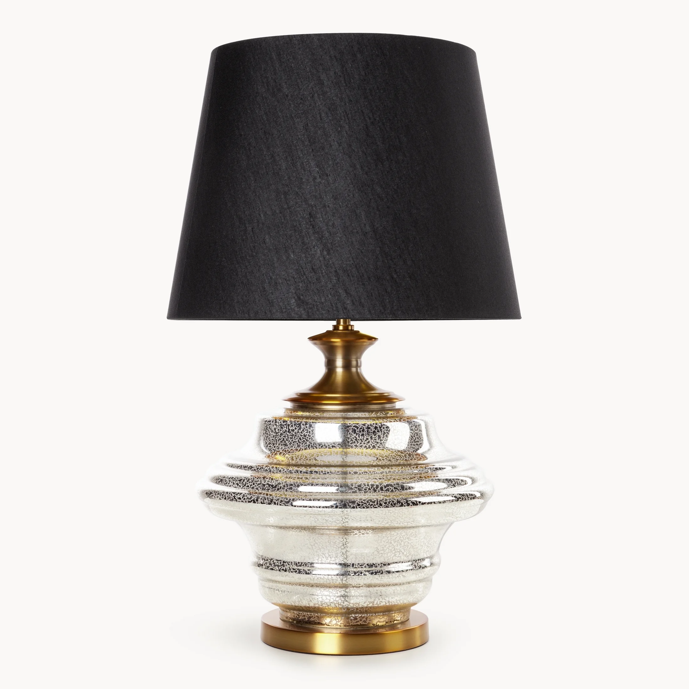 Lampa stołowa do salonu czarno, złota AMARI zdobiona szklaną podstawą i lekko szenilowym abażurem