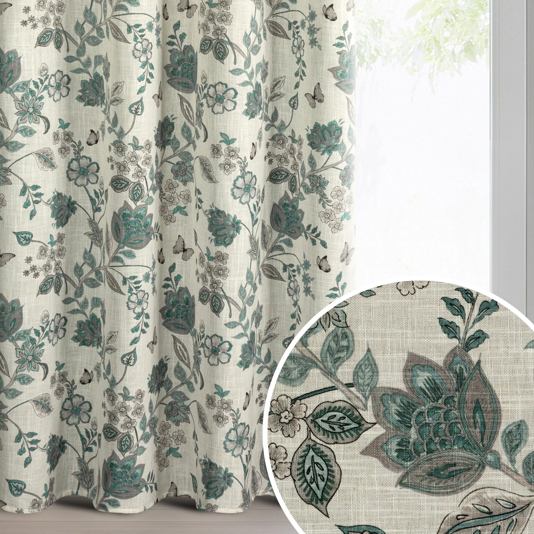 Zasłona naturalno, niebieska z tkaniny z dodatkiem lnu zdobiona nadrukiem roślinnym 140x250 cm przelotka - TALI | eurofirany