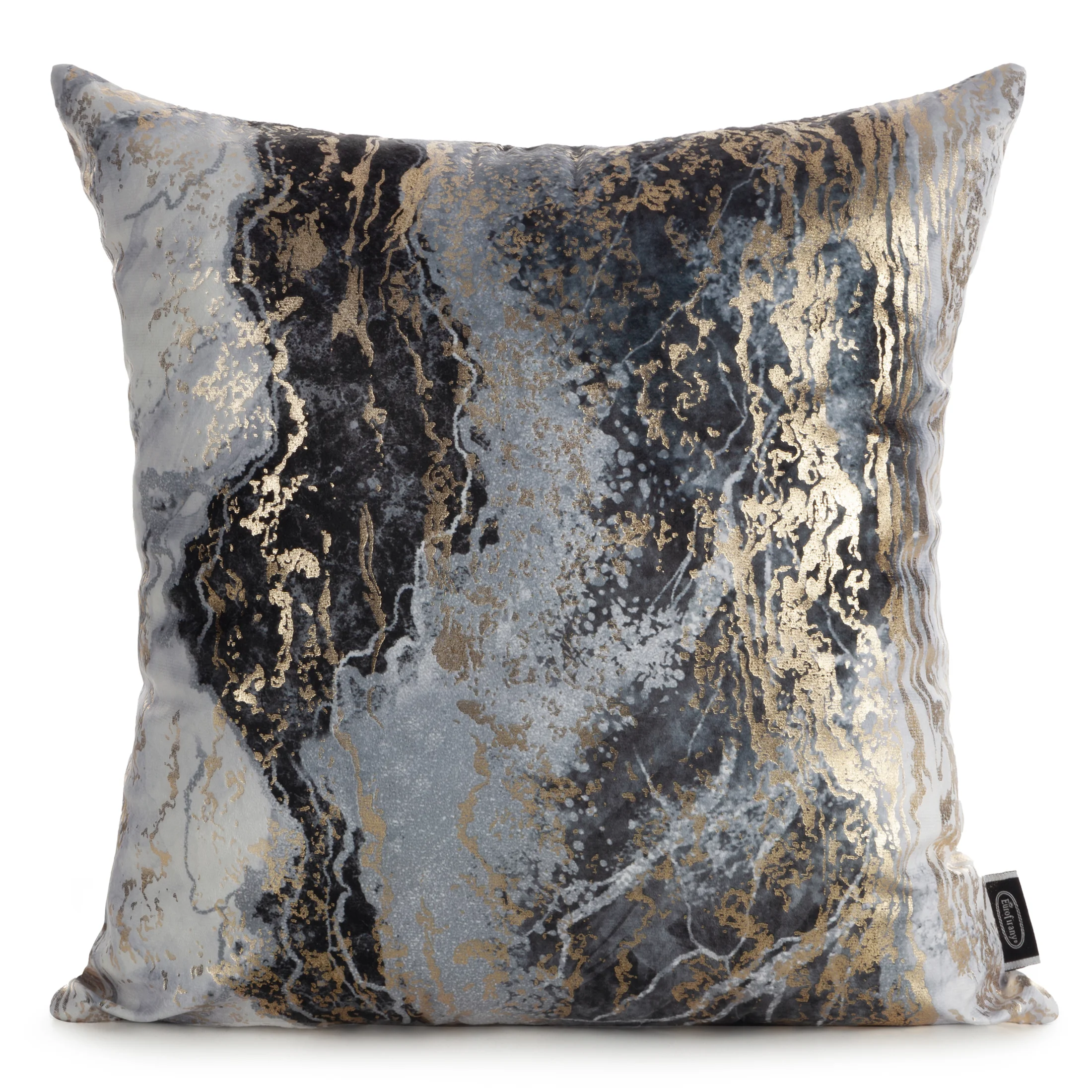 Poszewka na poduszkę 45x45 cm welwetowa, stalowa zdobiona przecieranym metalicznym nadrukiem SOFI | eurofirany