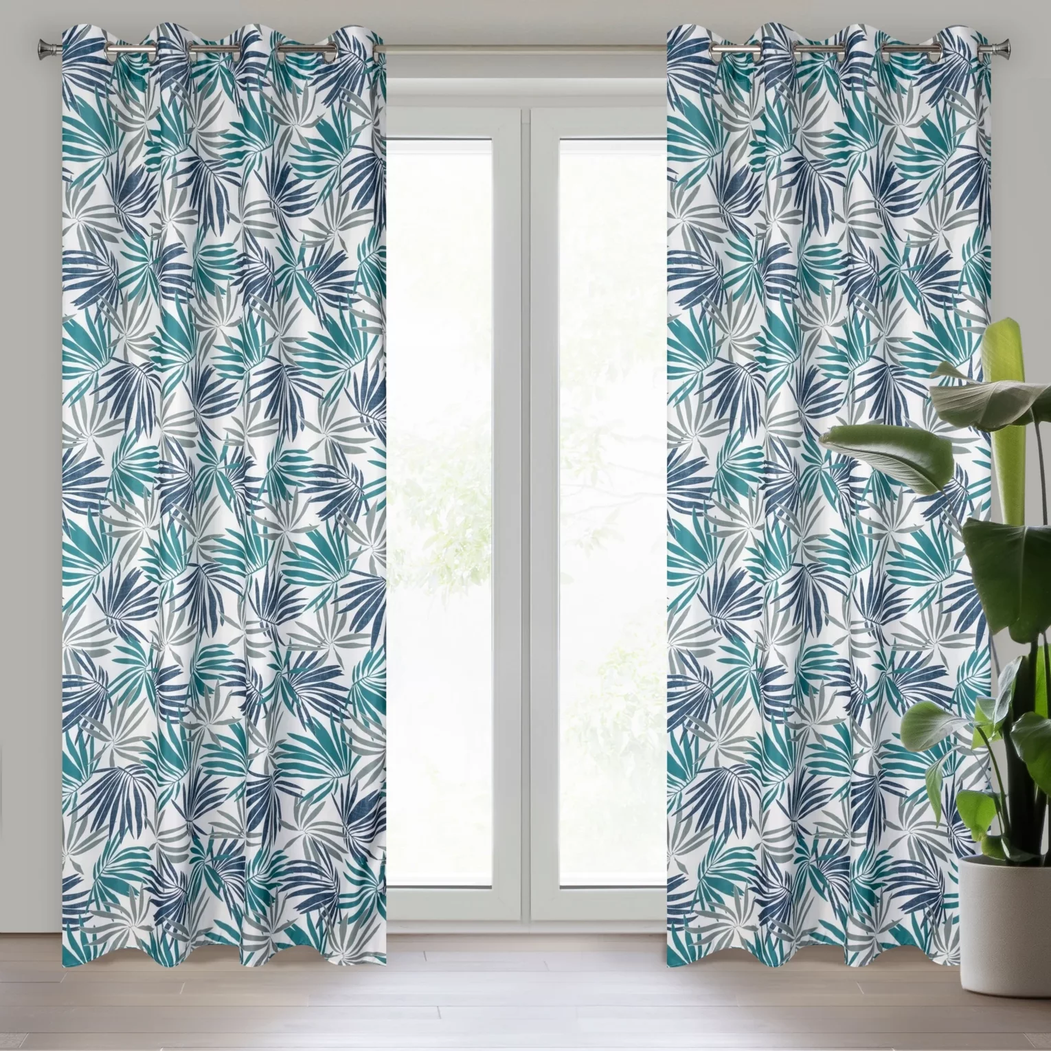 Zasłona biało, turkusowa we wzór liści 140x250 cm przelotka - ELINA - Design 91