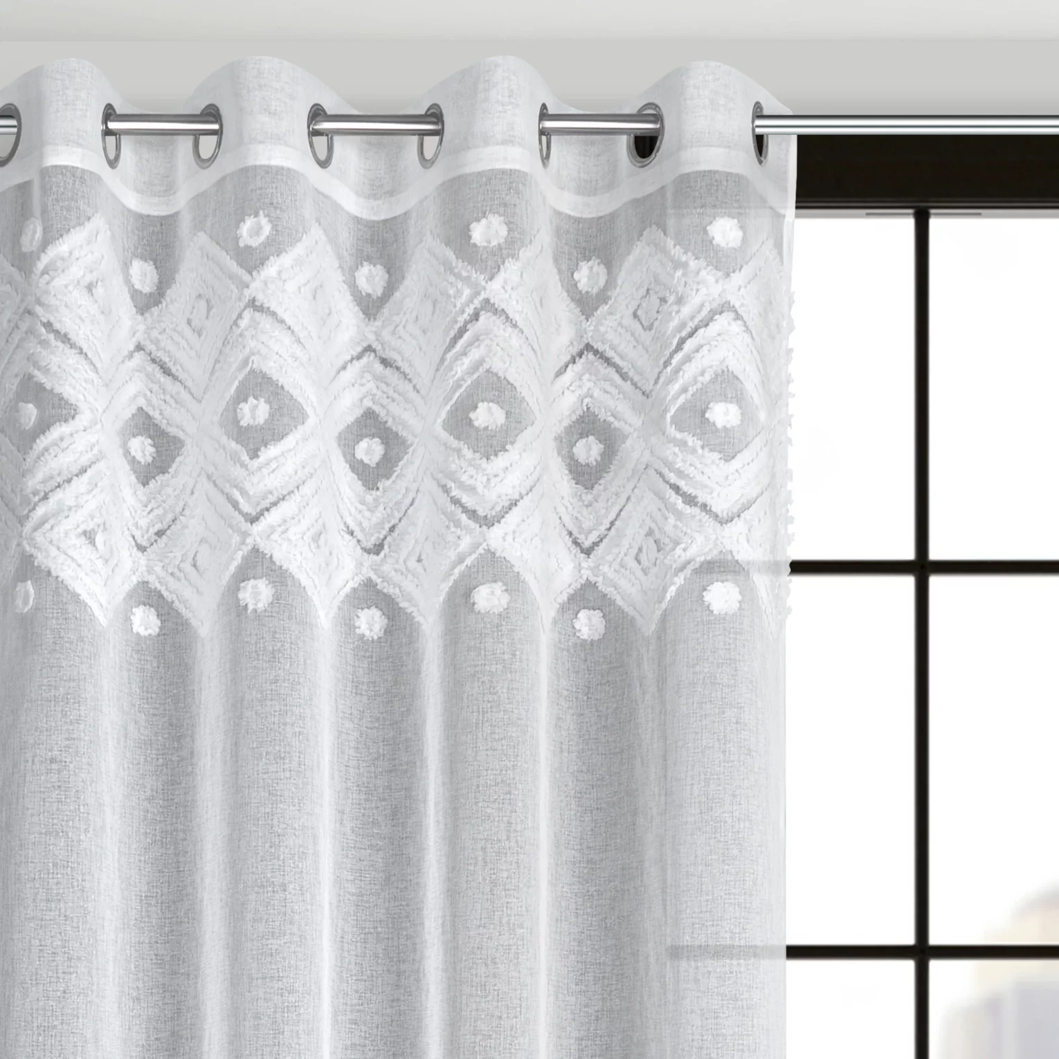 Dekoracja okienna biała z miękkim trójwymiarowym wzorem w stylu boho 140x250 cm przelotka - ESTERA