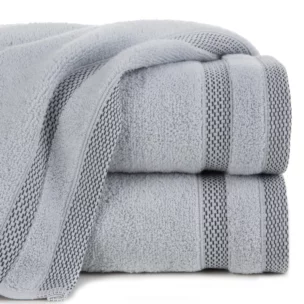 Ręcznik kąpielowy 70x140 cm bawełniany kolor srebrny zero twist z bordiurą w paski 400 g/m2 RIKI