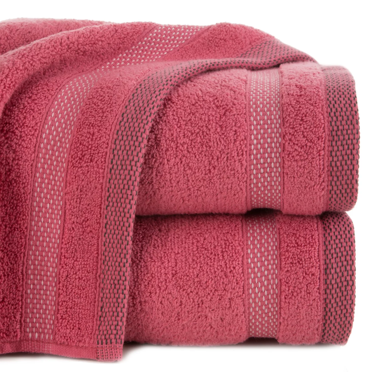 Ręcznik do rąk 30x50 cm bawełniany kolor koralowy zero twist z bordiurą w paski 400 g/m2 RIKI