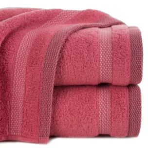 Ręcznik do rąk 30x50 cm bawełniany kolor koralowy zero twist z bordiurą w paski 400 g/m2 RIKI