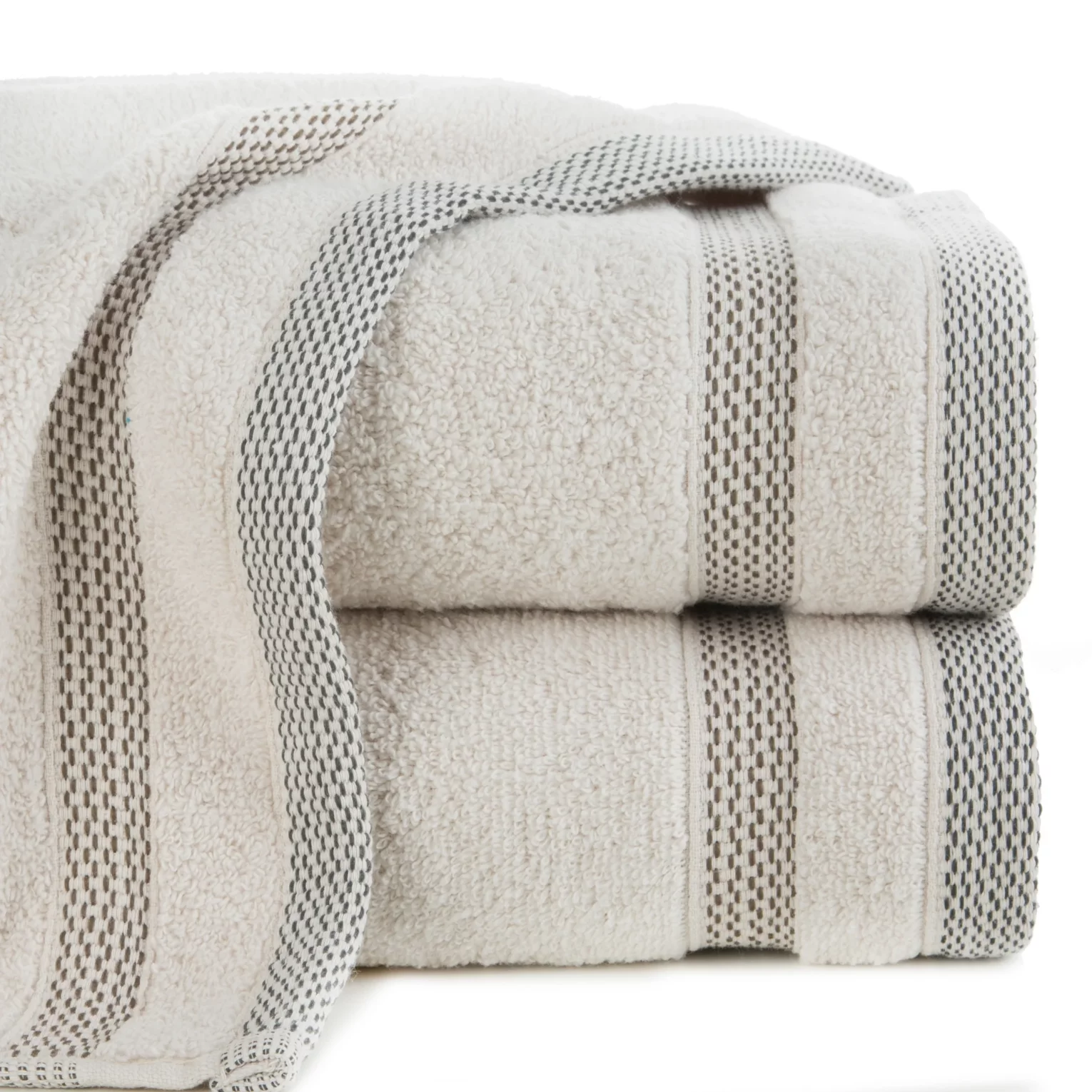 Ręcznik kąpielowy 50x90 cm bawełniany kolor beżowy zero twist z bordiurą w paski 400 g/m2 RIKI