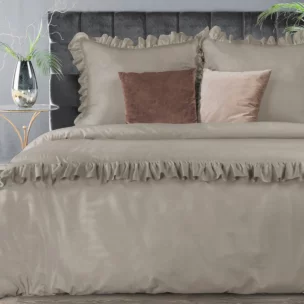Pościel bawełniana 160x200 cm komplet 3 częściowy kolor jasnobrązowy z subtelną falbanką styl romantyczny VENUS Eurofirany Premium