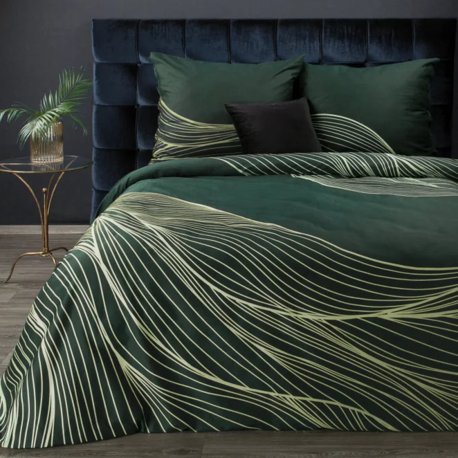 Pościel bawełniana z makosatyny 220x200 cm komplet 3 częściowy kolor ciemnozielony, złoty z fantazyjnym wzorem Eurofirany Premium