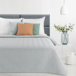 Narzuta z tkaniny o strukturze lnu srebrna 170x210 cm pikowana w wzór jodełki LEN 3 Eurofirany Premium