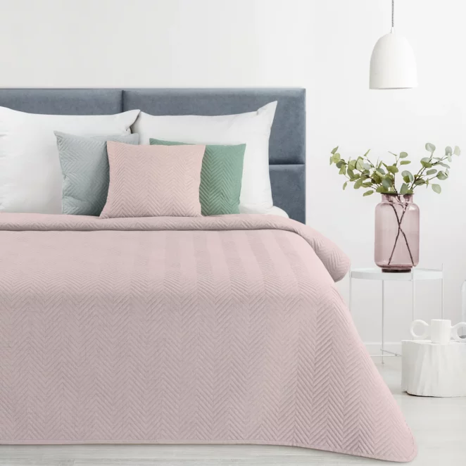 Narzuta z tkaniny o strukturze lnu różowa 220x240 cm pikowana w wzór jodełki LEN 3 Eurofirany Premium