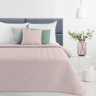 Narzuta z tkaniny o strukturze lnu różowa 170x210 cm pikowana w wzór jodełki LEN 3 Eurofirany Premium