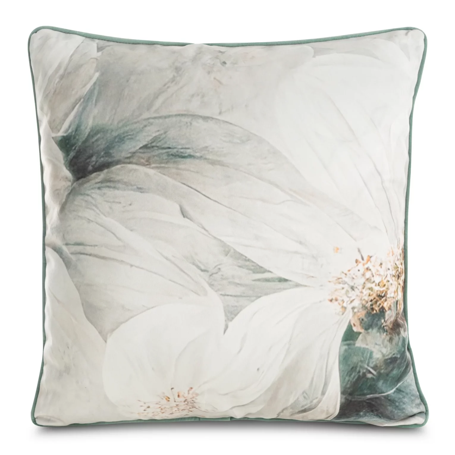 Poszewka na poduszkę 60x60 cm welwetowa, beżowo turkusowa z designerskim nadrukiem kwiatów i ozdobną wypustką EVA 5 Eva Minge