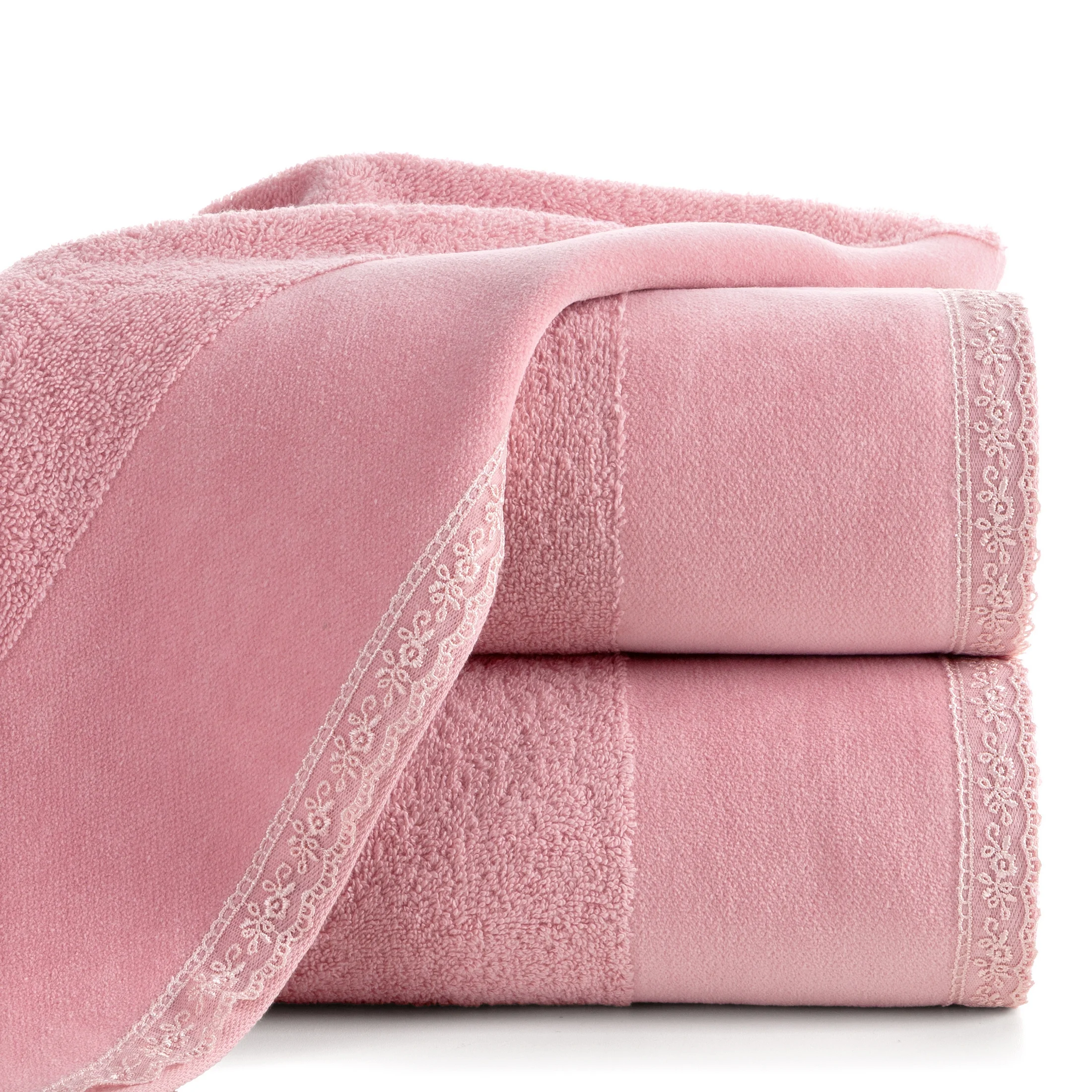 Ręcznik do rąk 30x50 cm bawełniany kolor różowy z koronkową bordiurą 500 g/m2 EMI