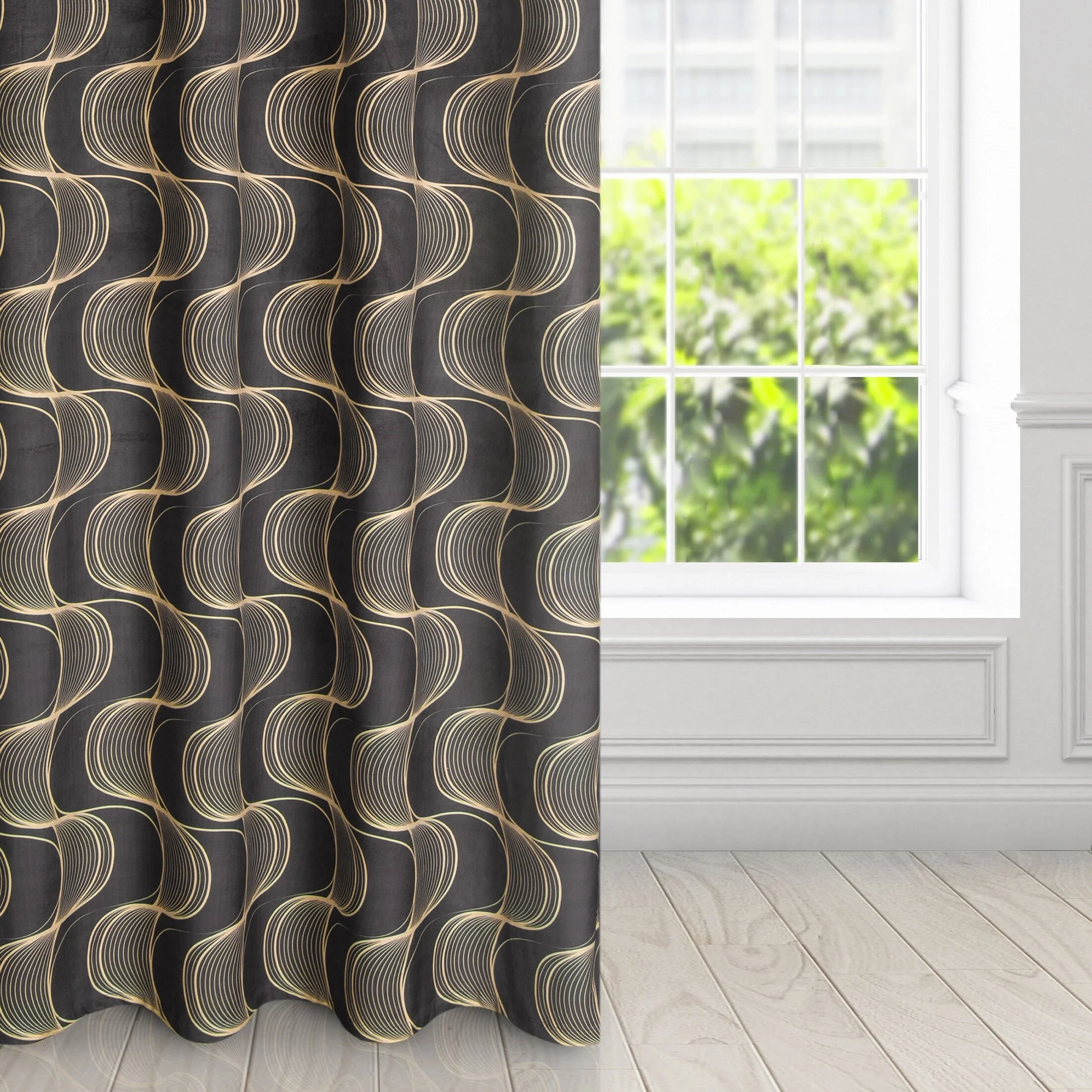 Zasłona czarno, beżowa z wzorem pionowych fal, z welwetu 140x250 cm przelotka - POLA | eurofirany