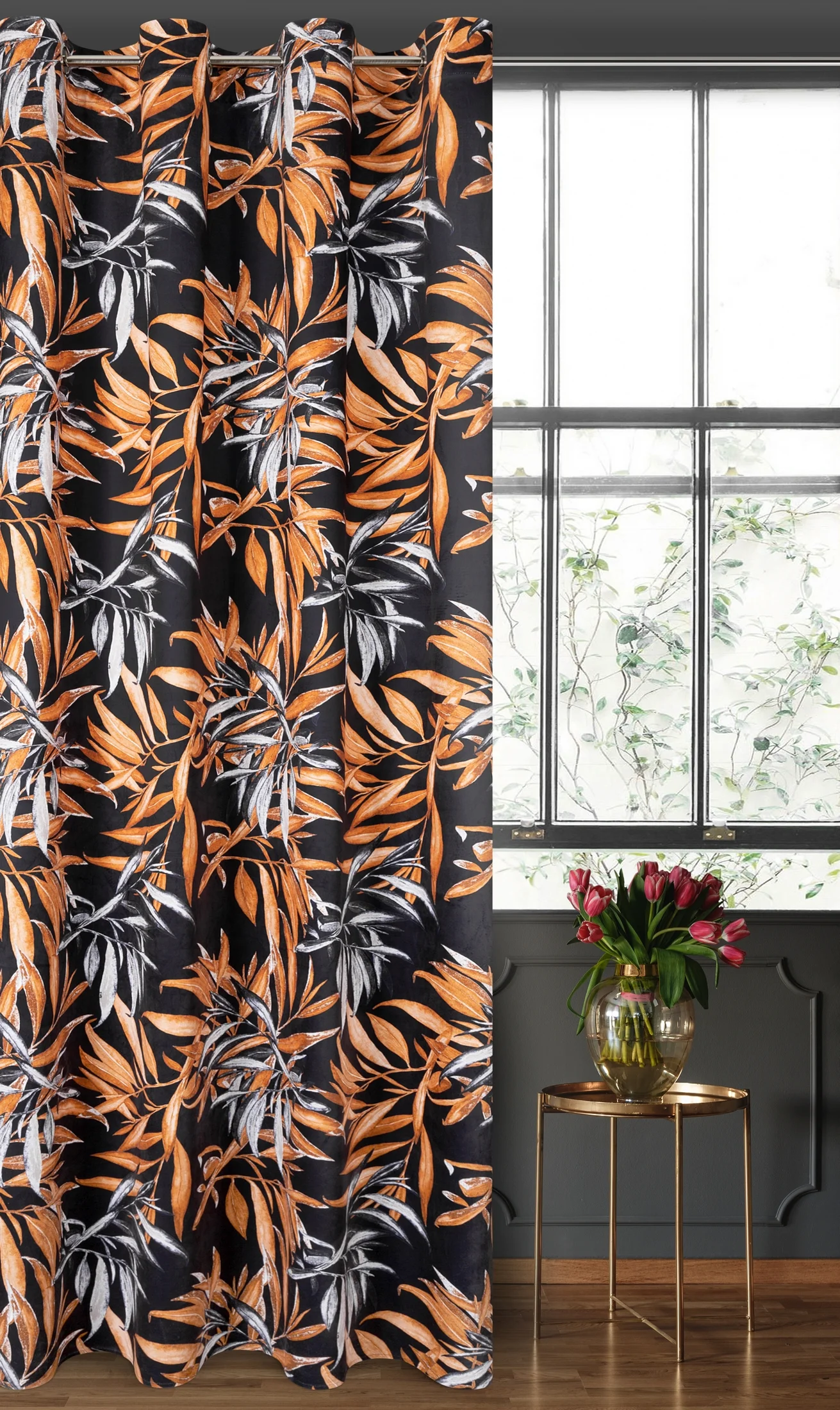 Zasłona welwetowa czarno, ruda w stylu botanic 140x250 cm przelotka - ZOJA - Pierre Cardin