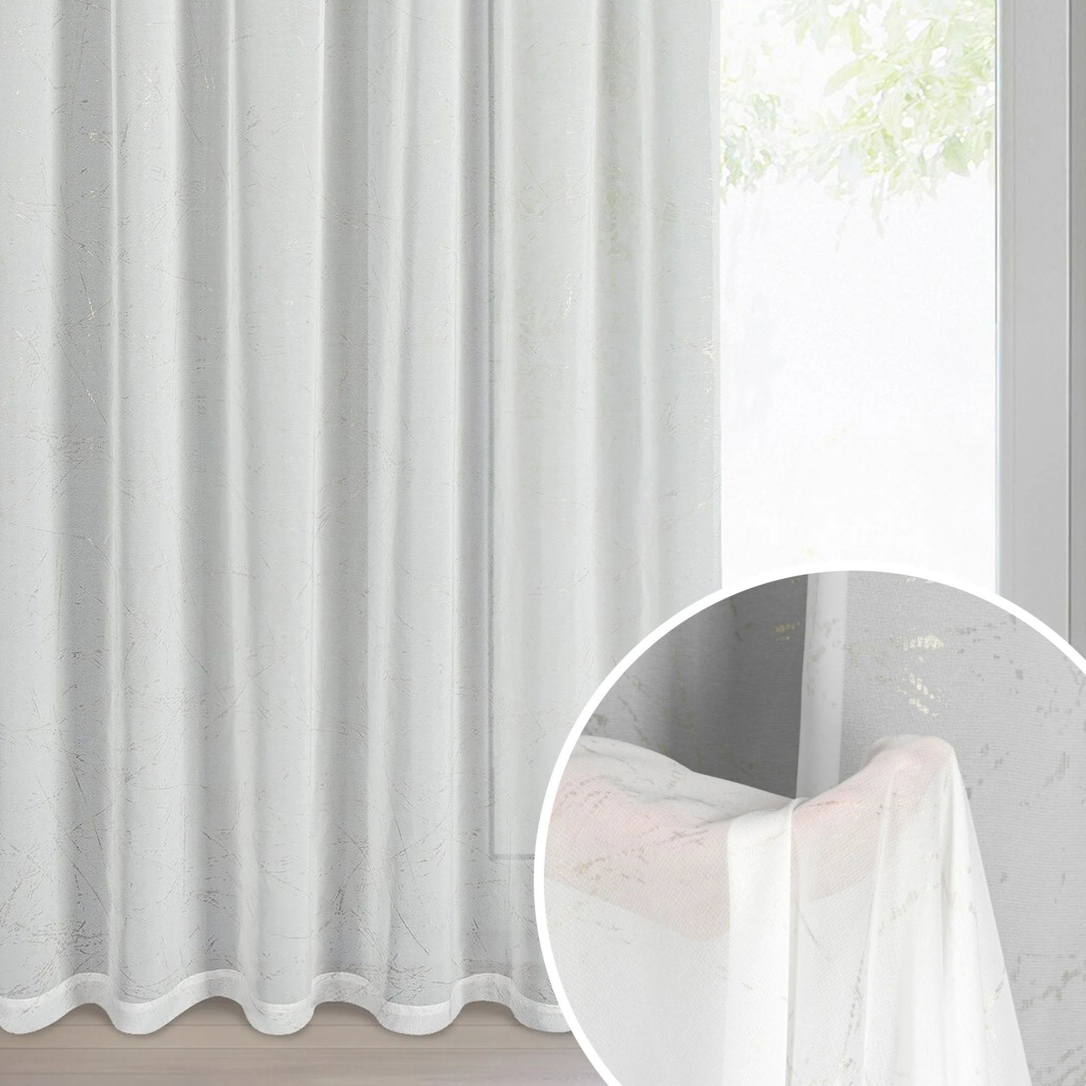 Firana biało, szampańska zdobiona marmurkowym nadrukiem 140x270 cm taśma HERA | eurofirany