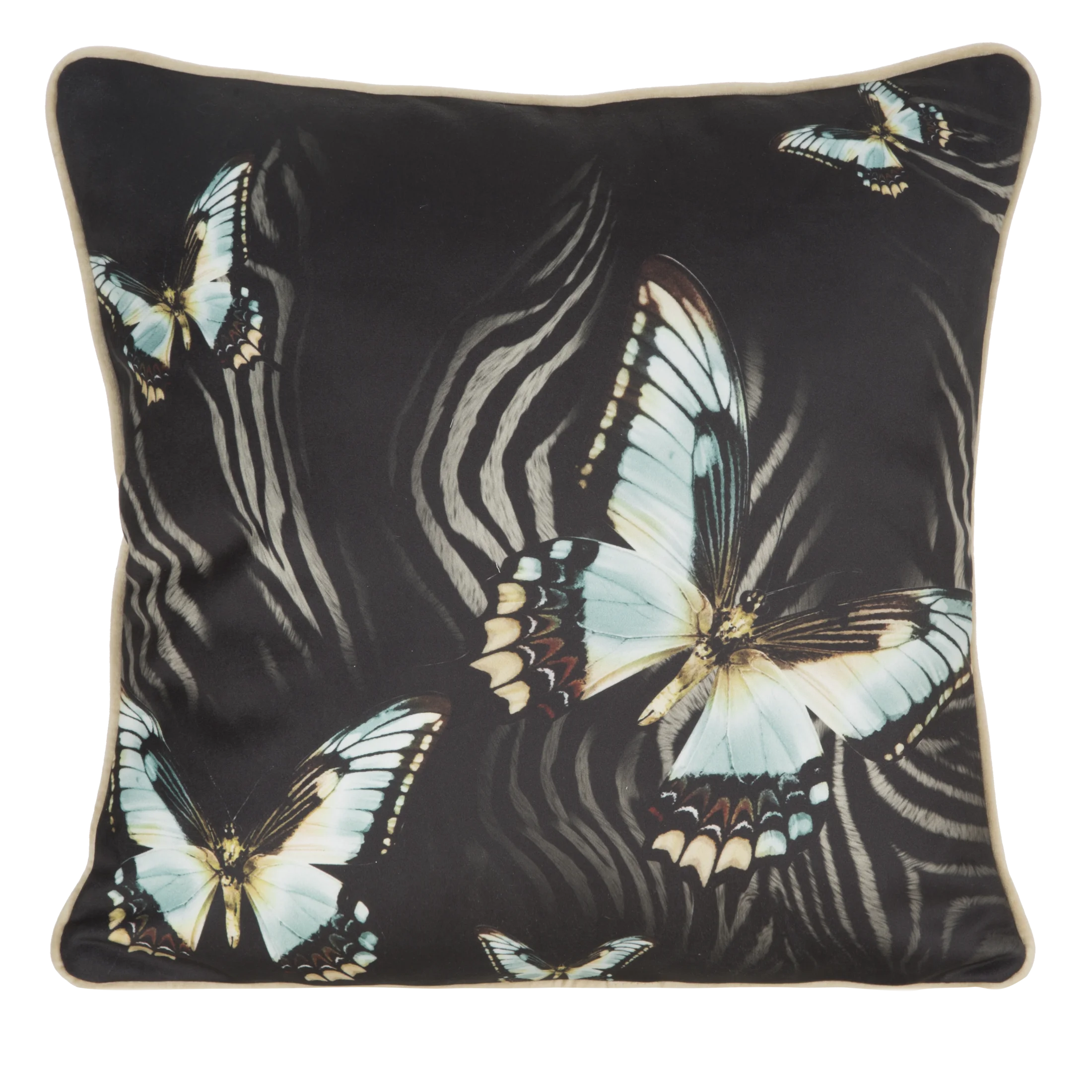 Poszewka na poduszkę 45x45 cm welwetowa czarno, miętowa z nadrukiem motyli i wypustką na brzegach EVA 15 B Eva Minge | eurofirany