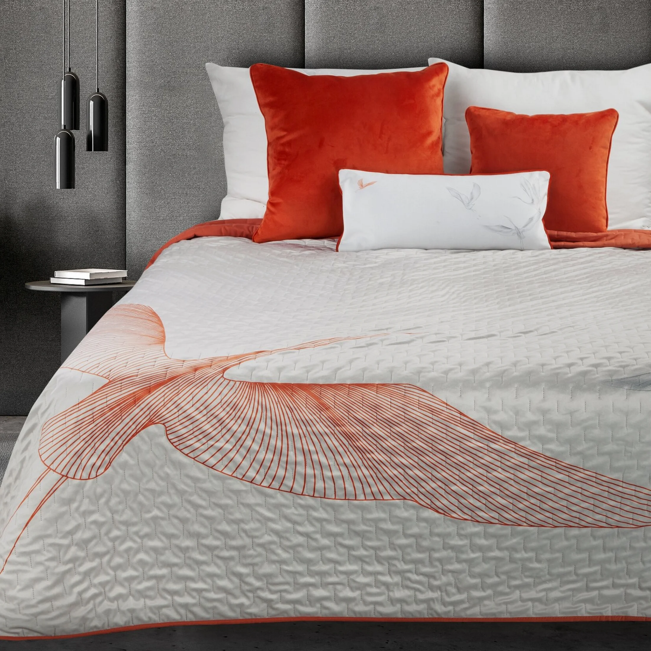 Narzuta welwetowa naturalno, pomarańczowa 220x240 cm z nadrukiem żurawii pikowana metodą hot press LEA Eurofirany Premium | eurofirany