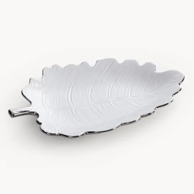 Patera ceramiczna dekoracyjna biało-srebrna w kształcie liścia 30x14x4 cm ALMA 1