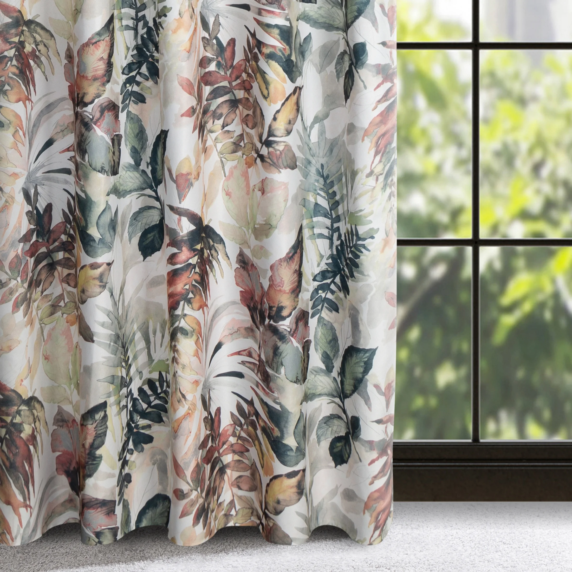 Zasłona biało, stalowa z motywem liści 140x270 cm taśma - LILIA | eurofirany