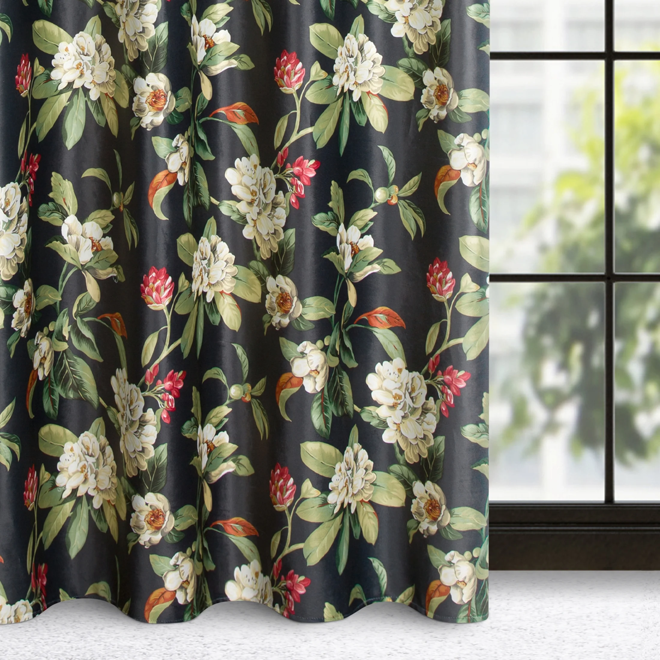 Zasłona welwetowa czarno, oliwkowa w kwiaty 140x250 cm przelotka - ALEA | eurofirany