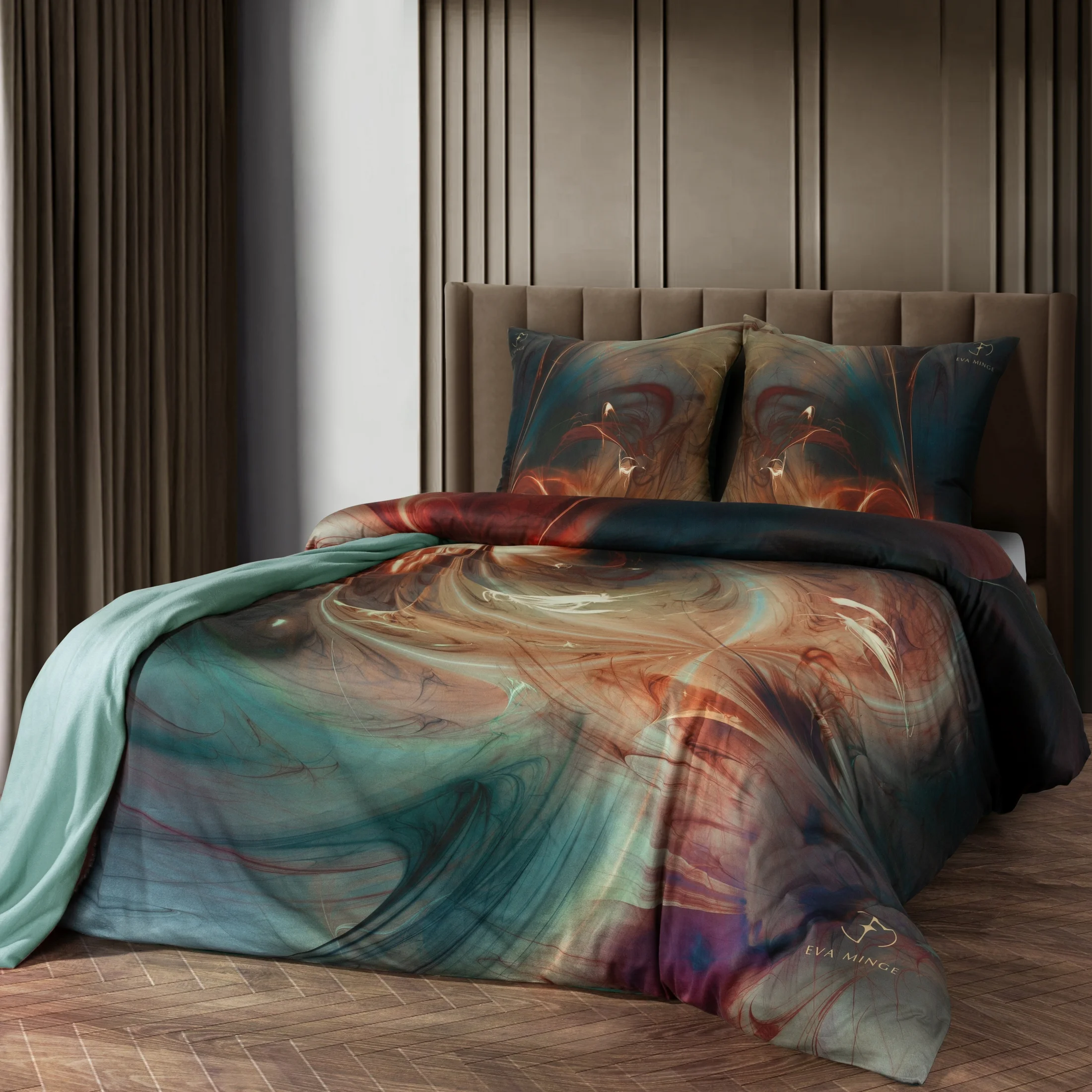 Pościel 220x200 cm z makosatyny bawełnianej kolor butelkowa zieleń, pomarańczowy z designerskim wzorem SELVA Eva Minge | eurofirany