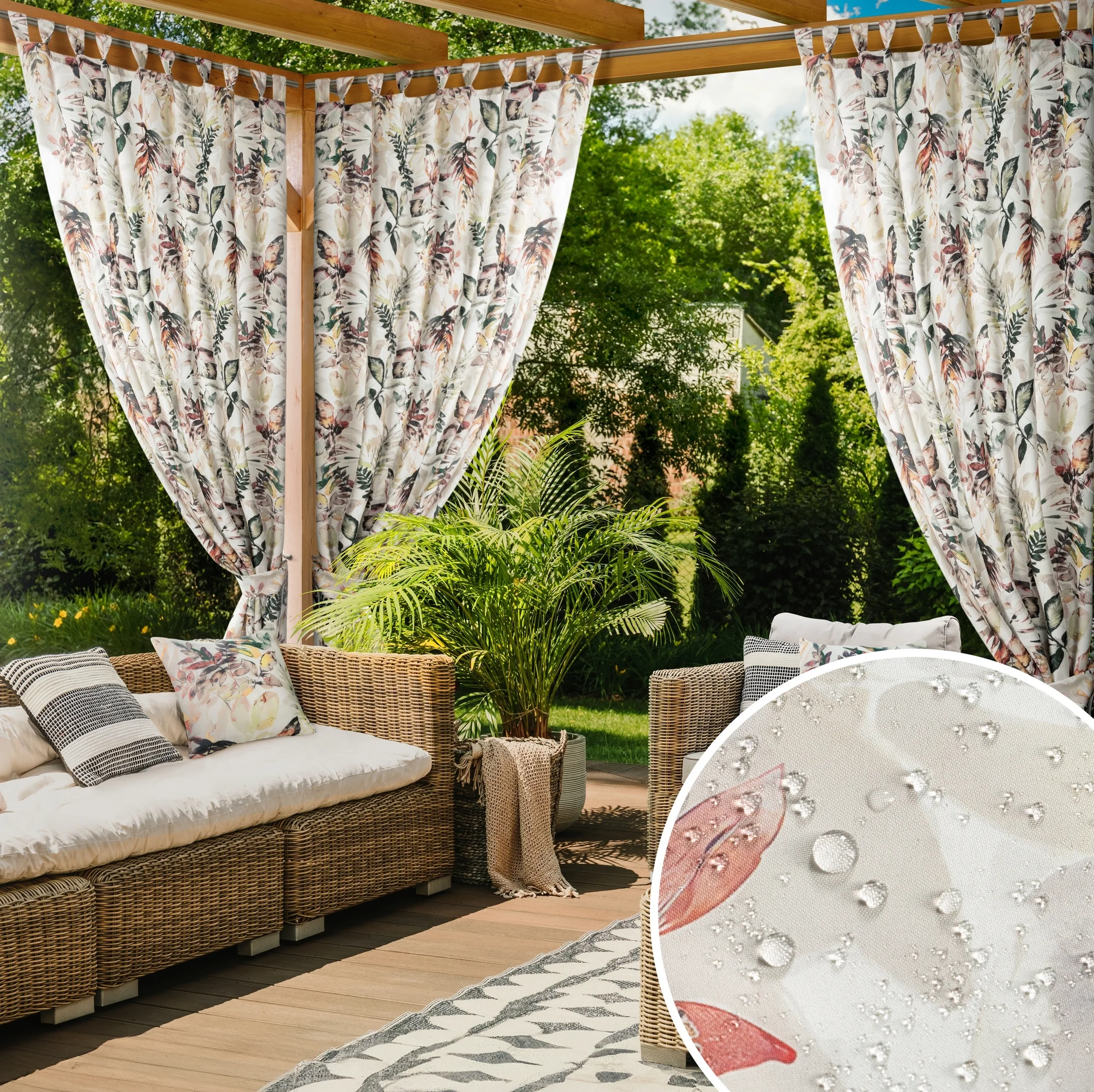 Zasłona biało, stalowa z wodoodpornej tkaniny idealna do ogrodu i na taras 155x240 cm szelki/rzep - GARDEN 2 | 