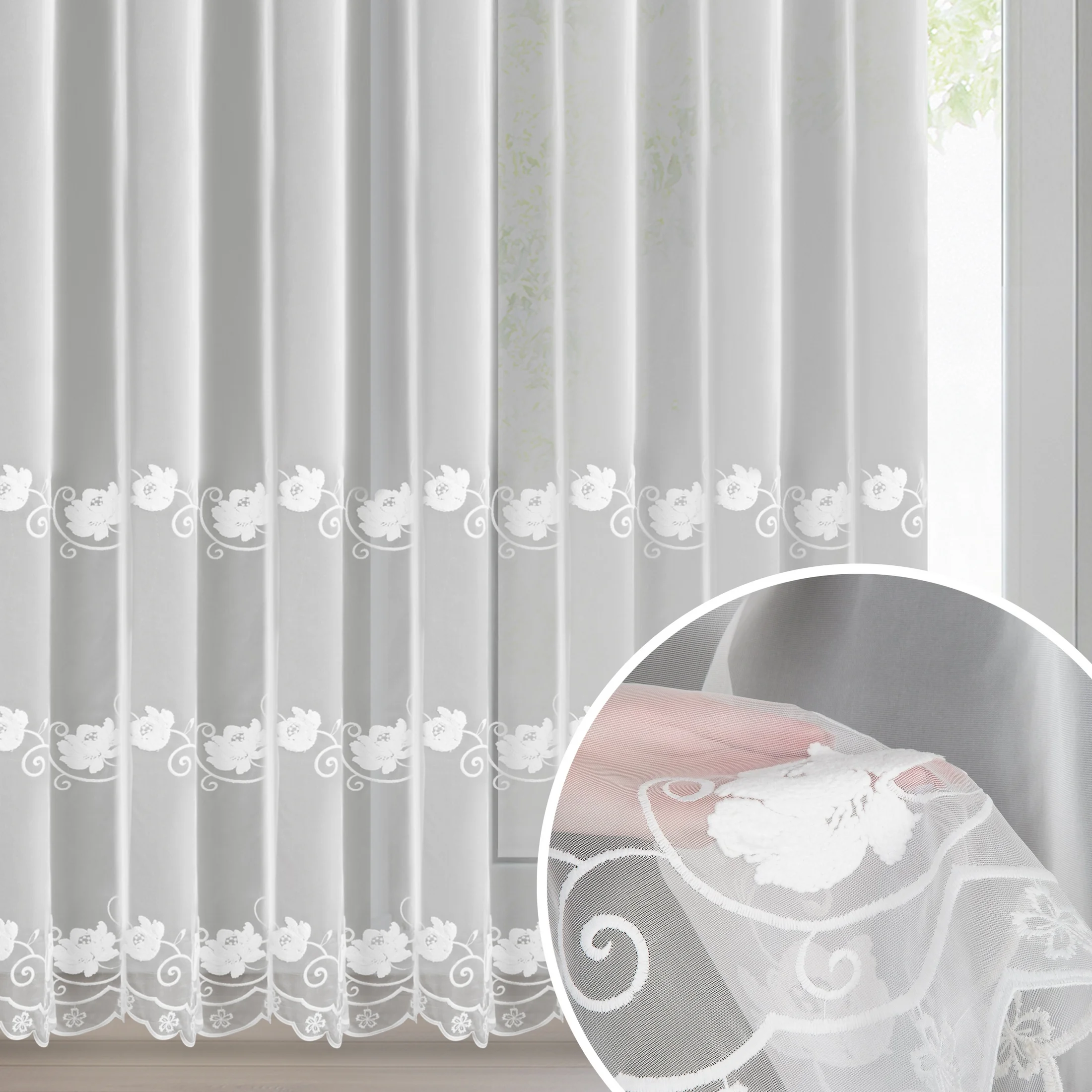 Firana biała z drobnej siateczki zdobiona subtelnym haftem 350x250 cm przelotki - LETI | eurofirany