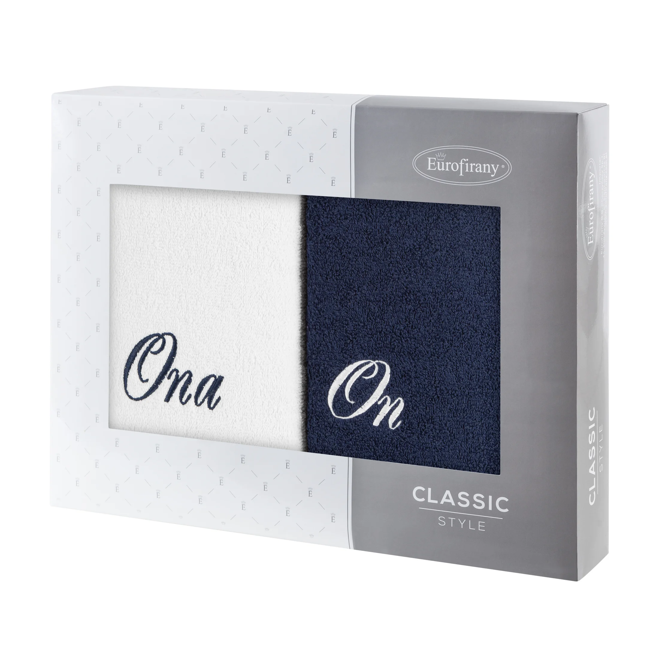 Zestaw ręczników bawełnianych na prezent 2 szt 70x140 cm z haftem ONA I ON kolor biały,granatowy 400 g/m2