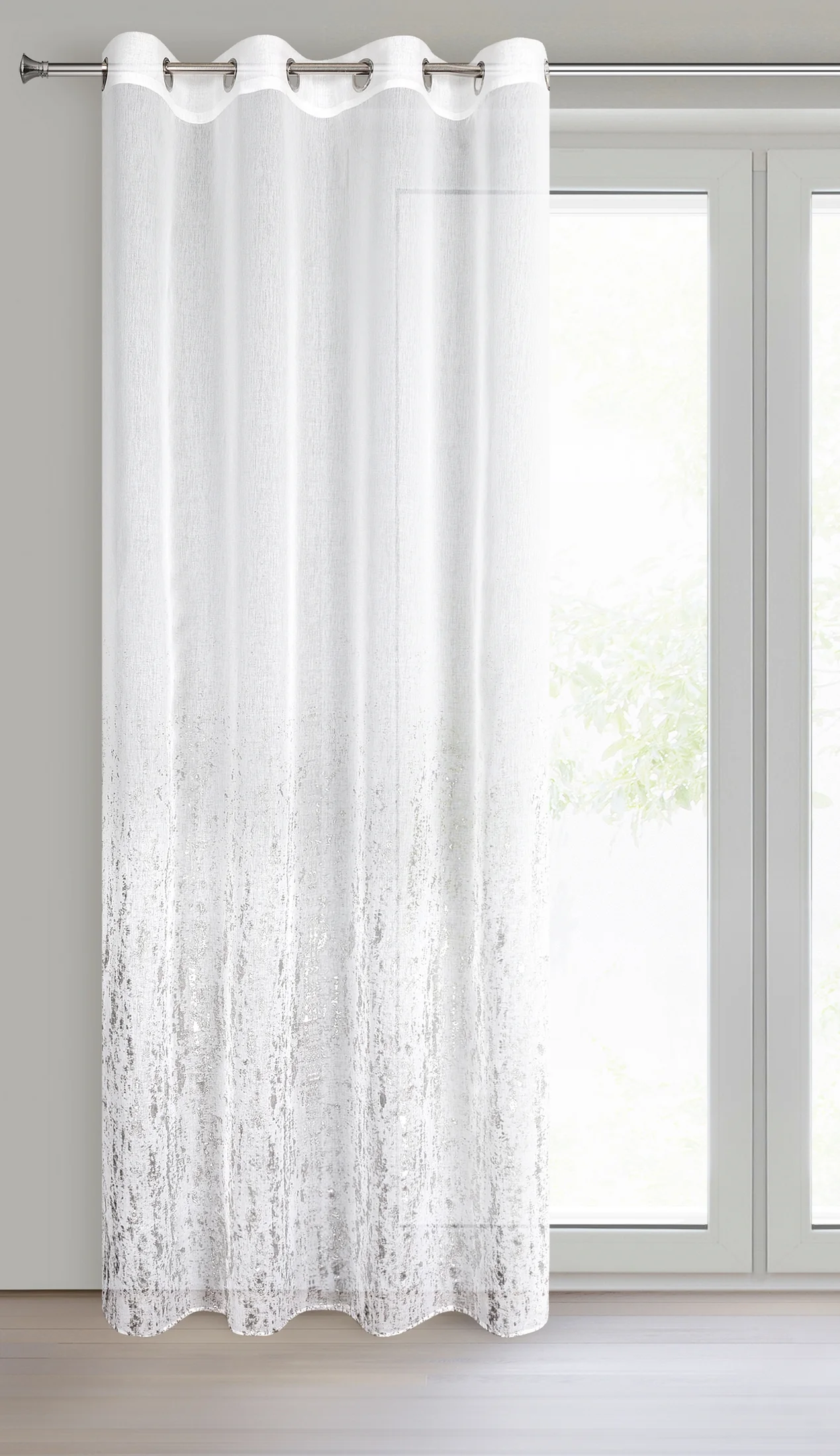 Firana biało, srebrzysta zdobiona nadrukiem przecierki 140x250 cm przelotka OLIVIA