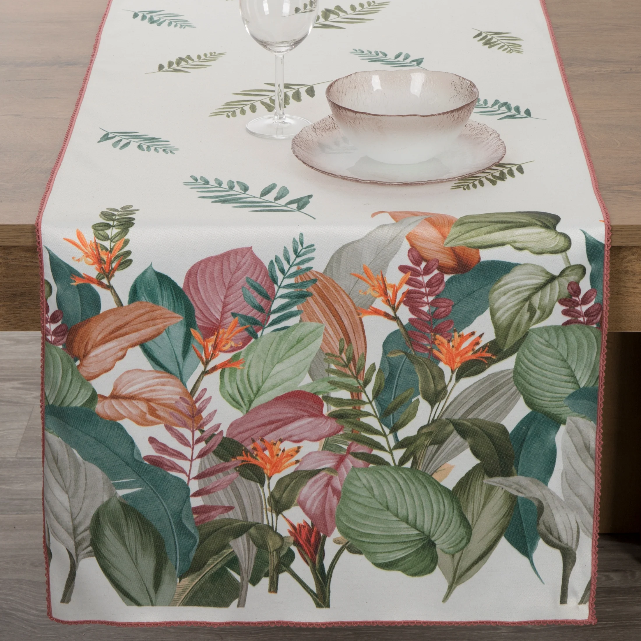 Bieżnik na stół naturalno, zielony 40x180 cm INES z nadrukowanym motywem botanicznym