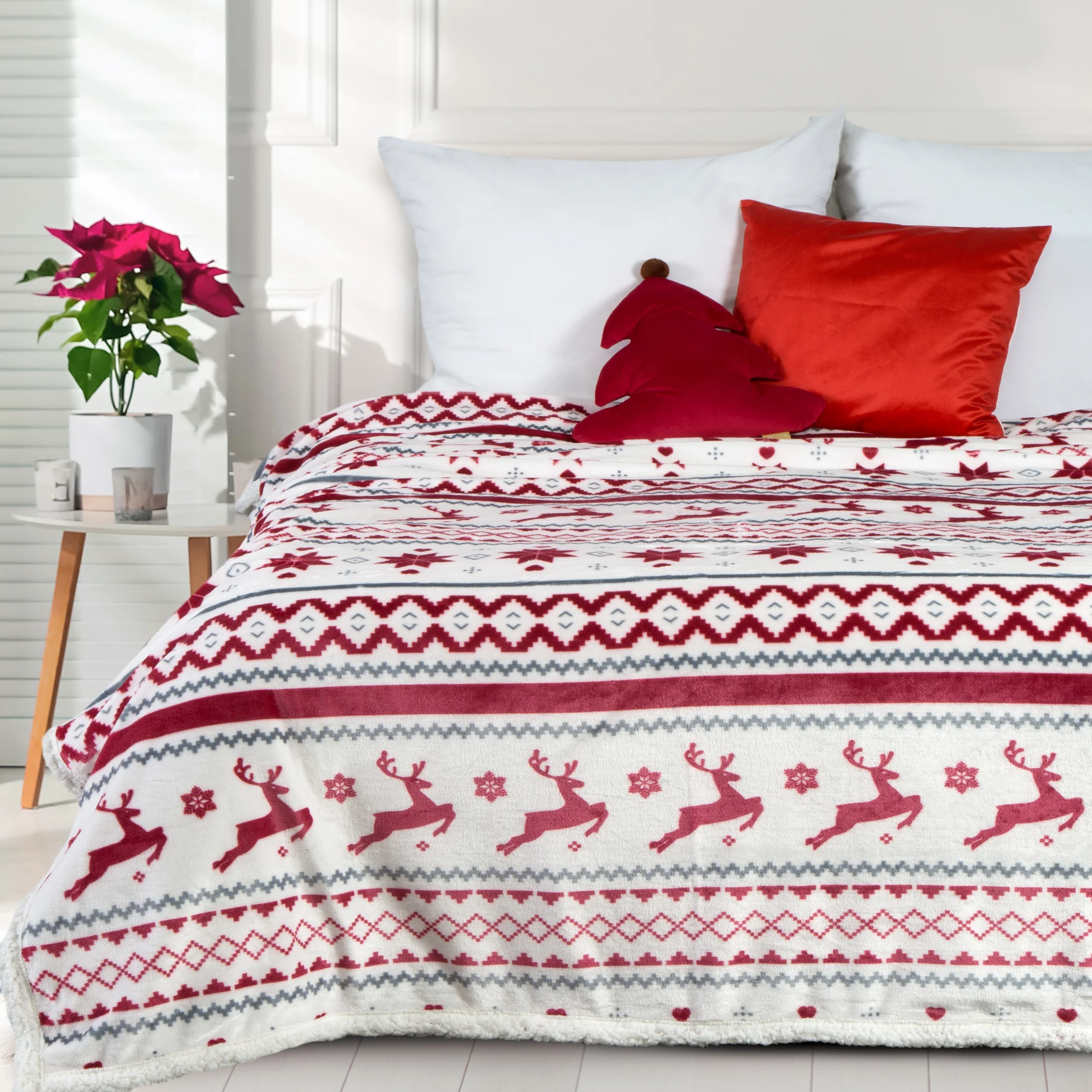 Koc 150x200 cm biało, czerwony z motywem skandynawskim | eurofirany