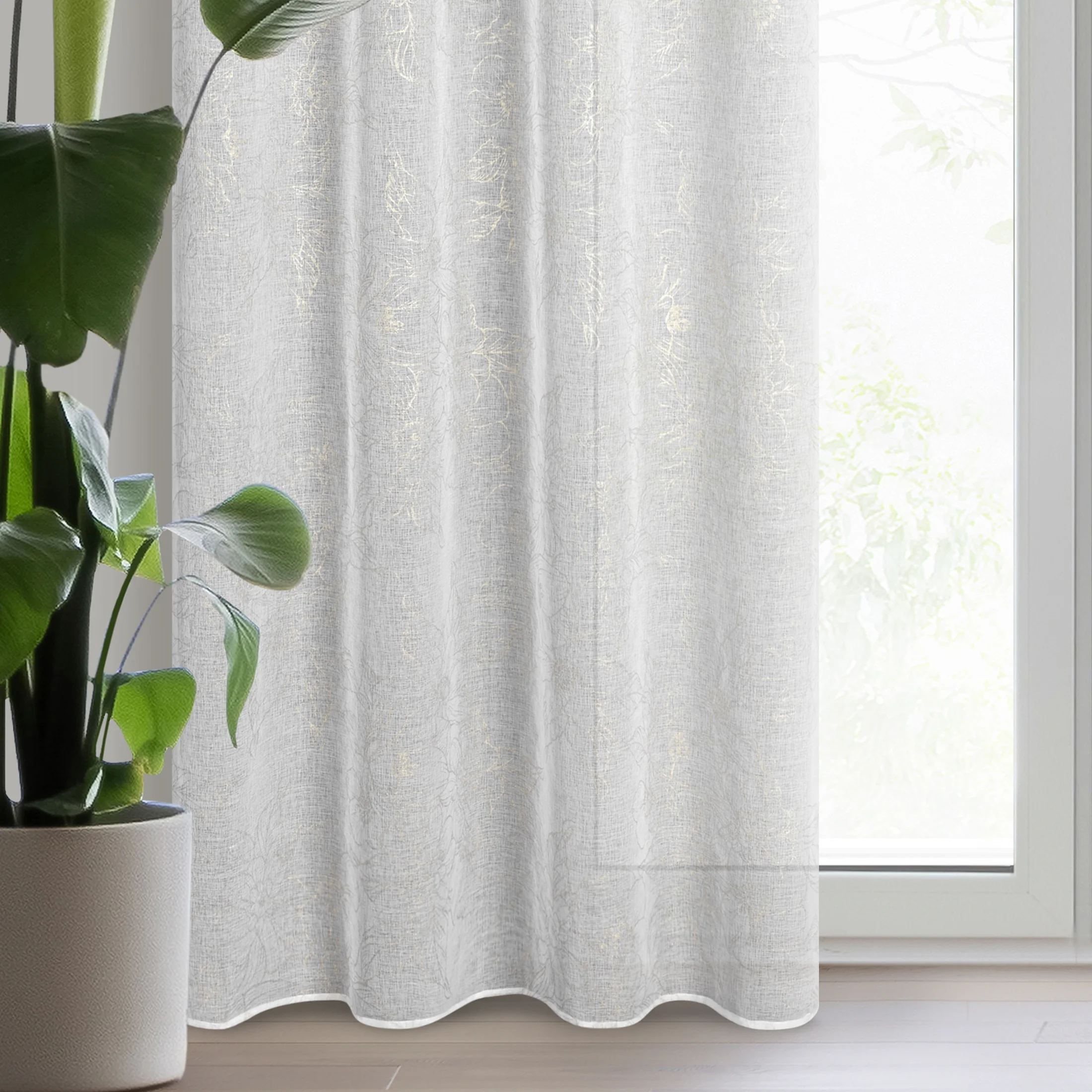 Firana biało, szampańska z lekkiej etaminy z nadrukiem kwiatowym 140x250 cm przelotka ANITA | eurofirany