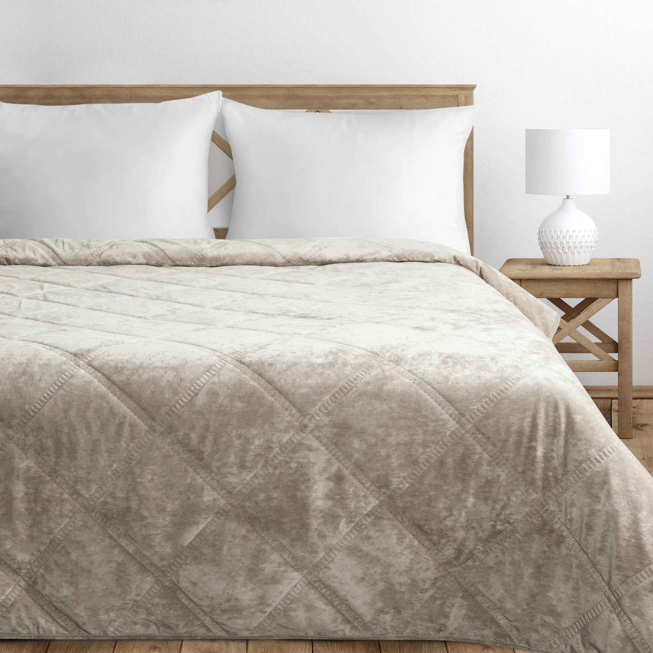 Narzuta welwetowa beżowa 170x210 cm zdobiona pikowaniem hot press w romby | eurofirany