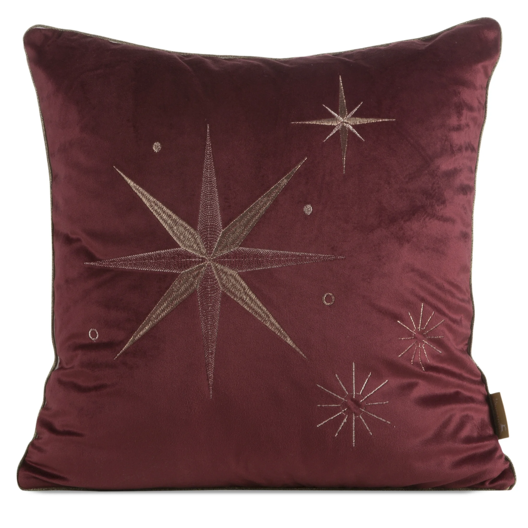 Poszewka na poduszkę świąteczna 45x45 cm welwetowa bordowo, szampańska zdobiona haftem z motywem gwiazd | eurofirany