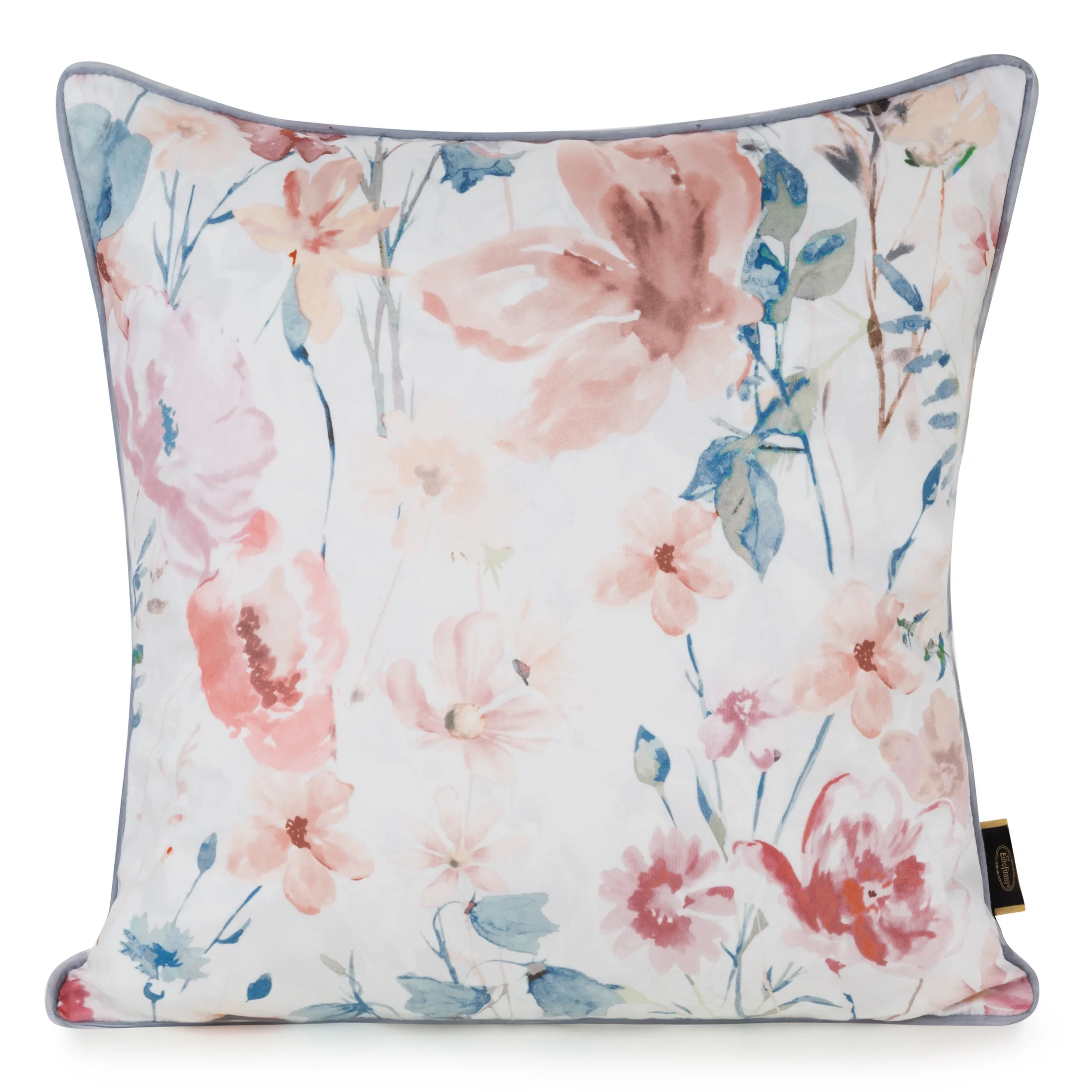 Poszewka na poduszkę 45x45 cm welwetowa, biało pomarańczowa z nadrukiem pastelowych kwiatów VELVET 156 Eurofirany Premium | eurofirany