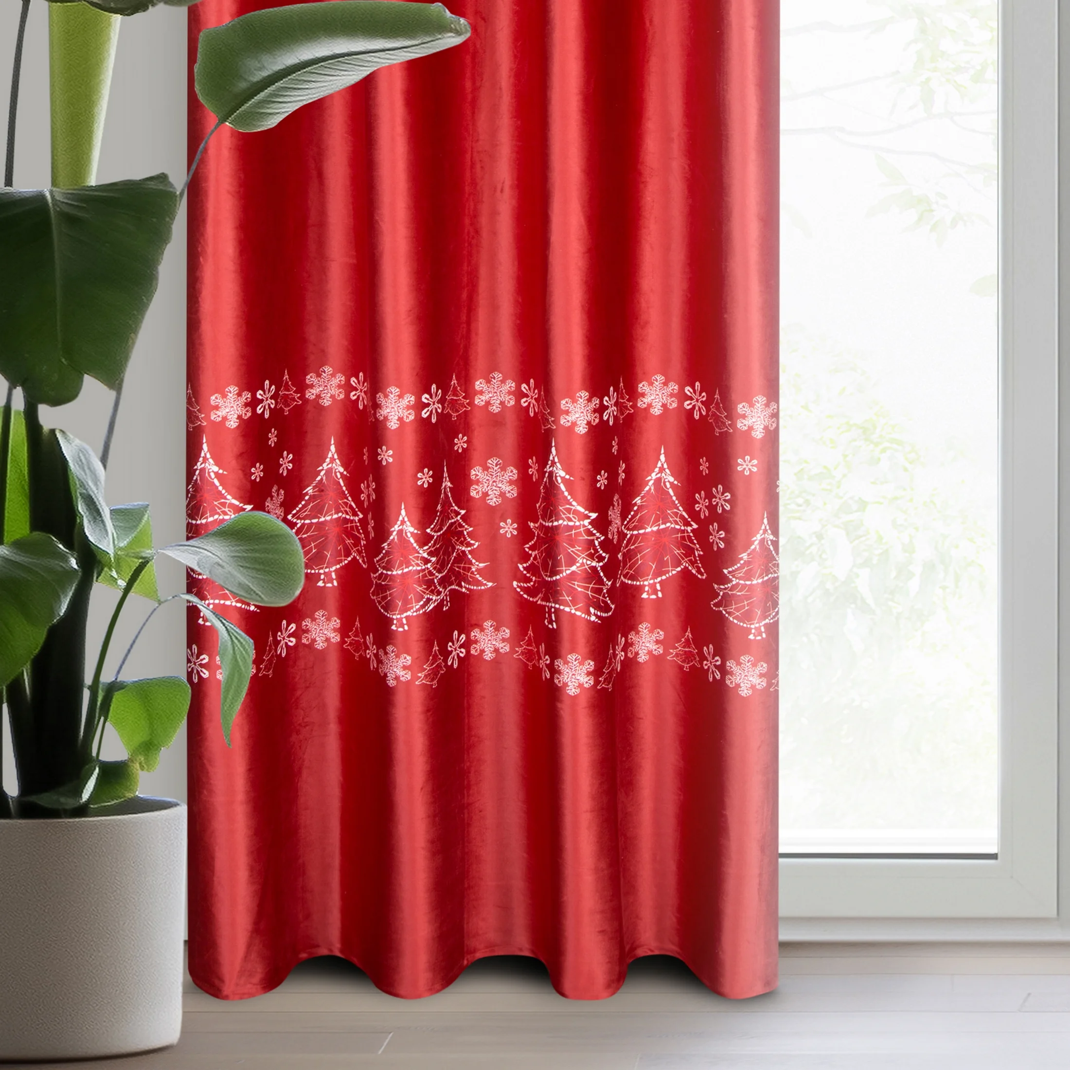 Zasłona czerwono, biała świąteczna z tkaniny welwetowej 140x250 cm przelotka - RUBI |