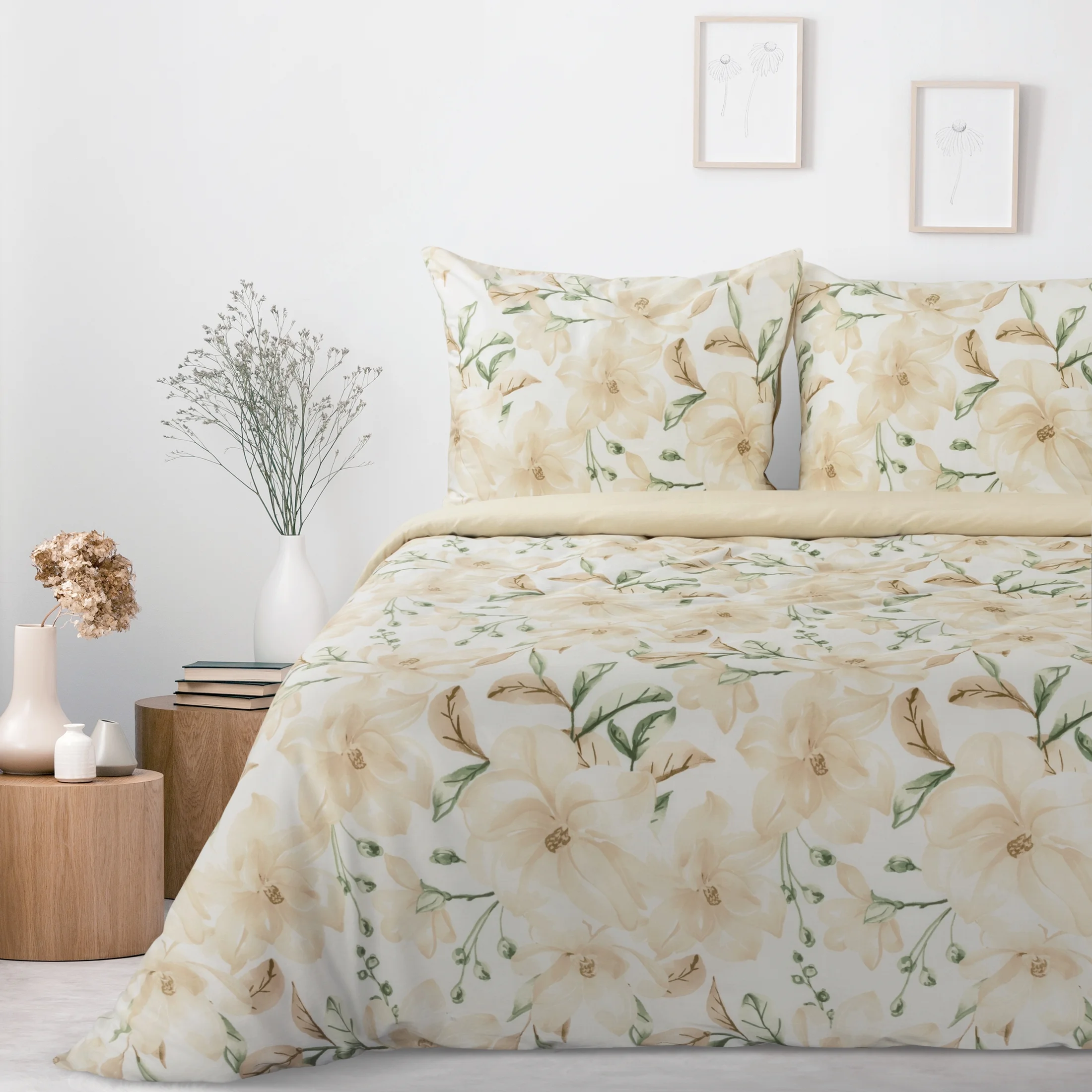 Pościel 140x200 cm bawełniana kolor beżowy, kremowy w kwiaty SONIA 32 |