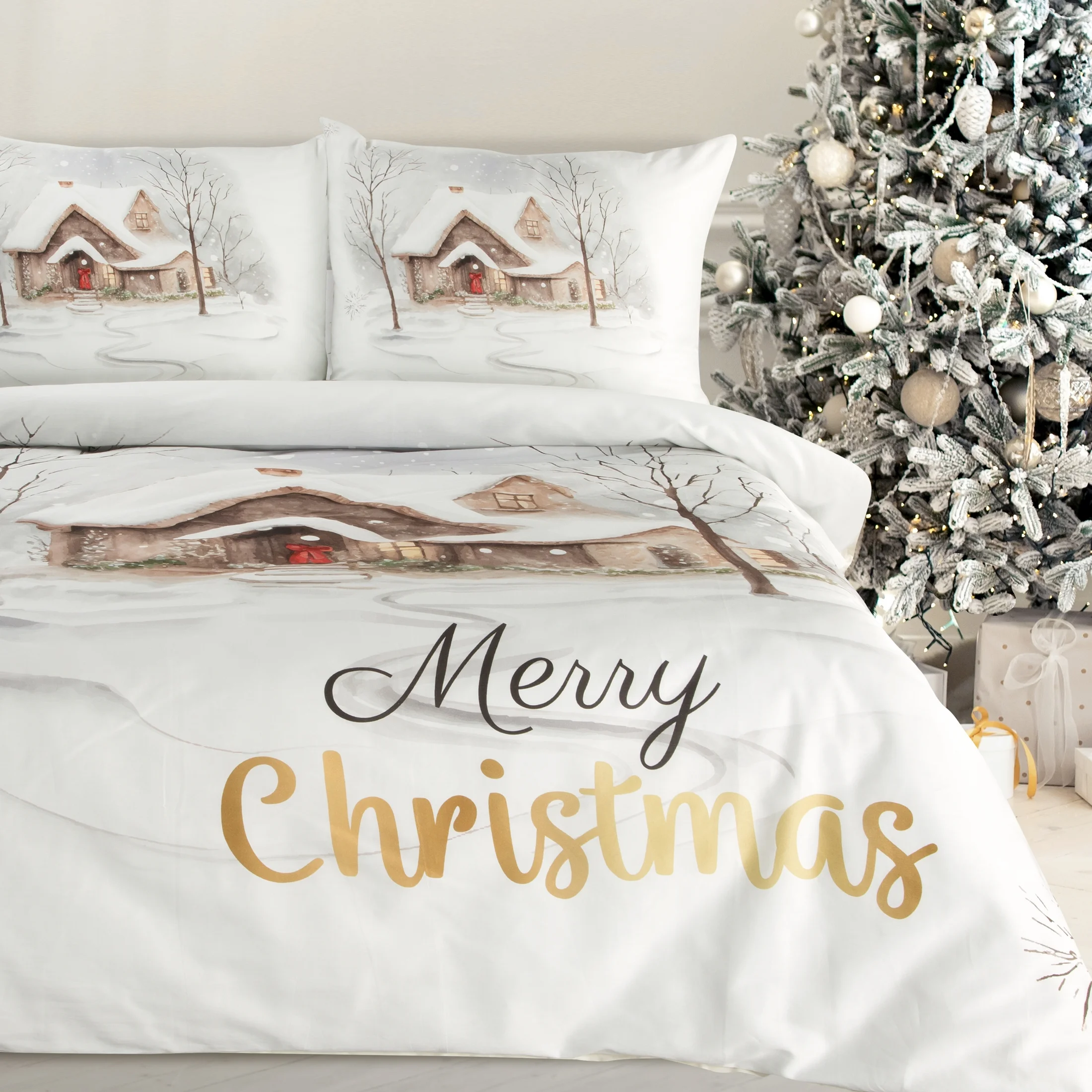 Pościel świąteczna 160x200 cm z satyny bawełnianej, kolor biały jasnobrązowy z nadrukiem świątecznym JOYFULL | eurofirany