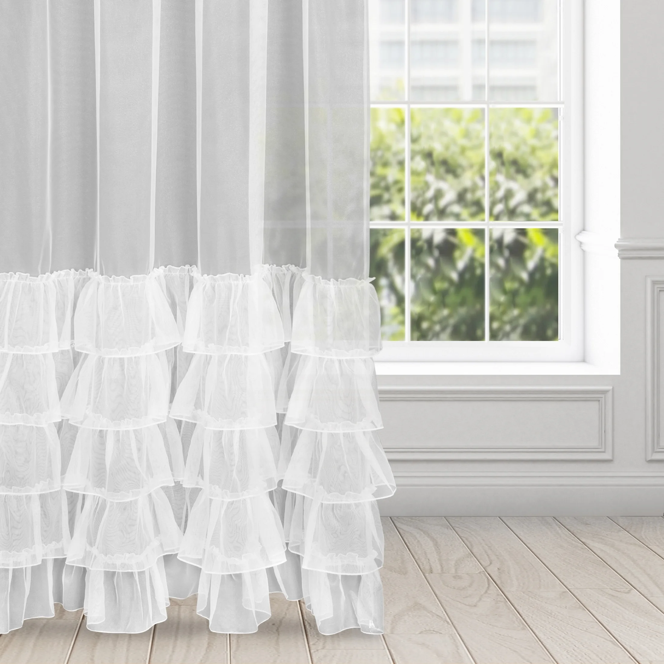 Firana biała z lśniącej organtyna peru z pięcioma falbanami 400x270 cm taśma CHARLOTTE 5 | eurofirany