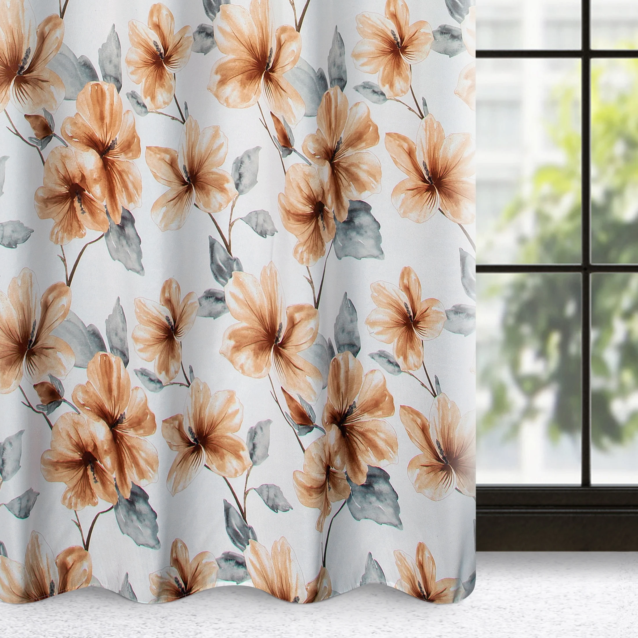 Zasłona biało, ruda w niebieskie kwiaty 140x250 cm przelotka SOFIA | eurofirany