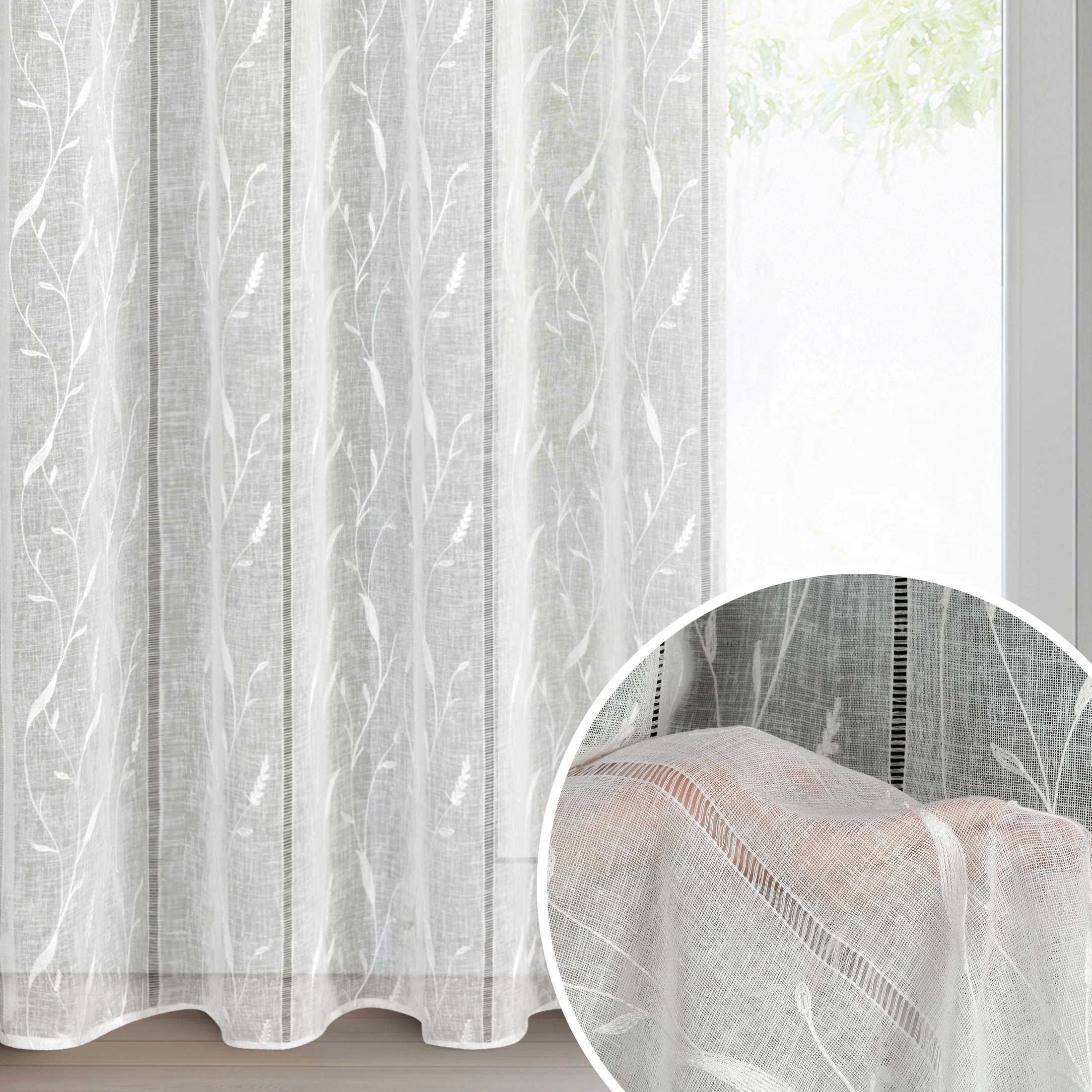 Firana biała z etaminy zdobiona ażurowymi paseczkami i haftem 140x250 cm przelotka - MELODY | eurofirany