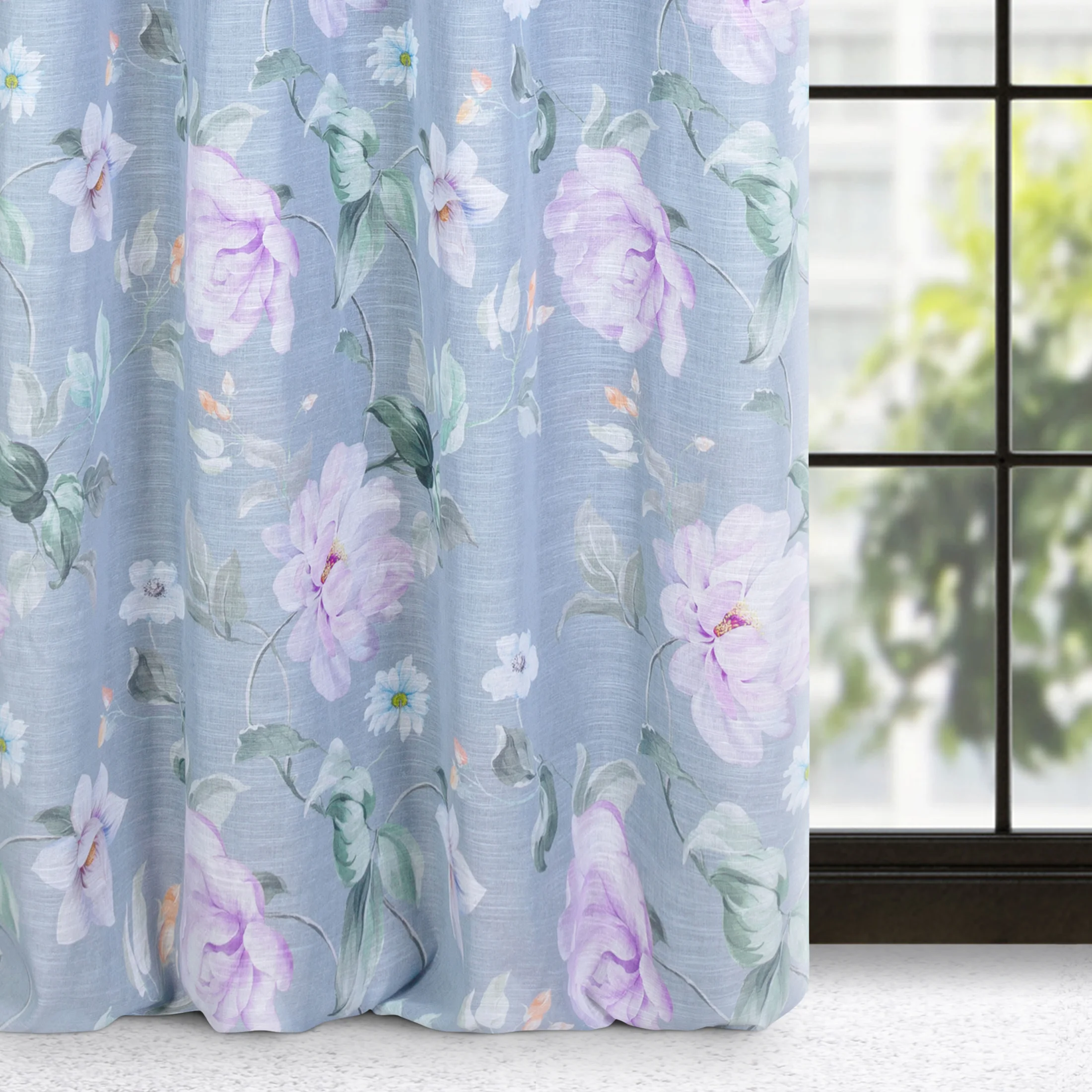 Zasłona popielato, fioletowa z lekkiej etaminy 140x250 cm przelotka - FLORA | eurofirany