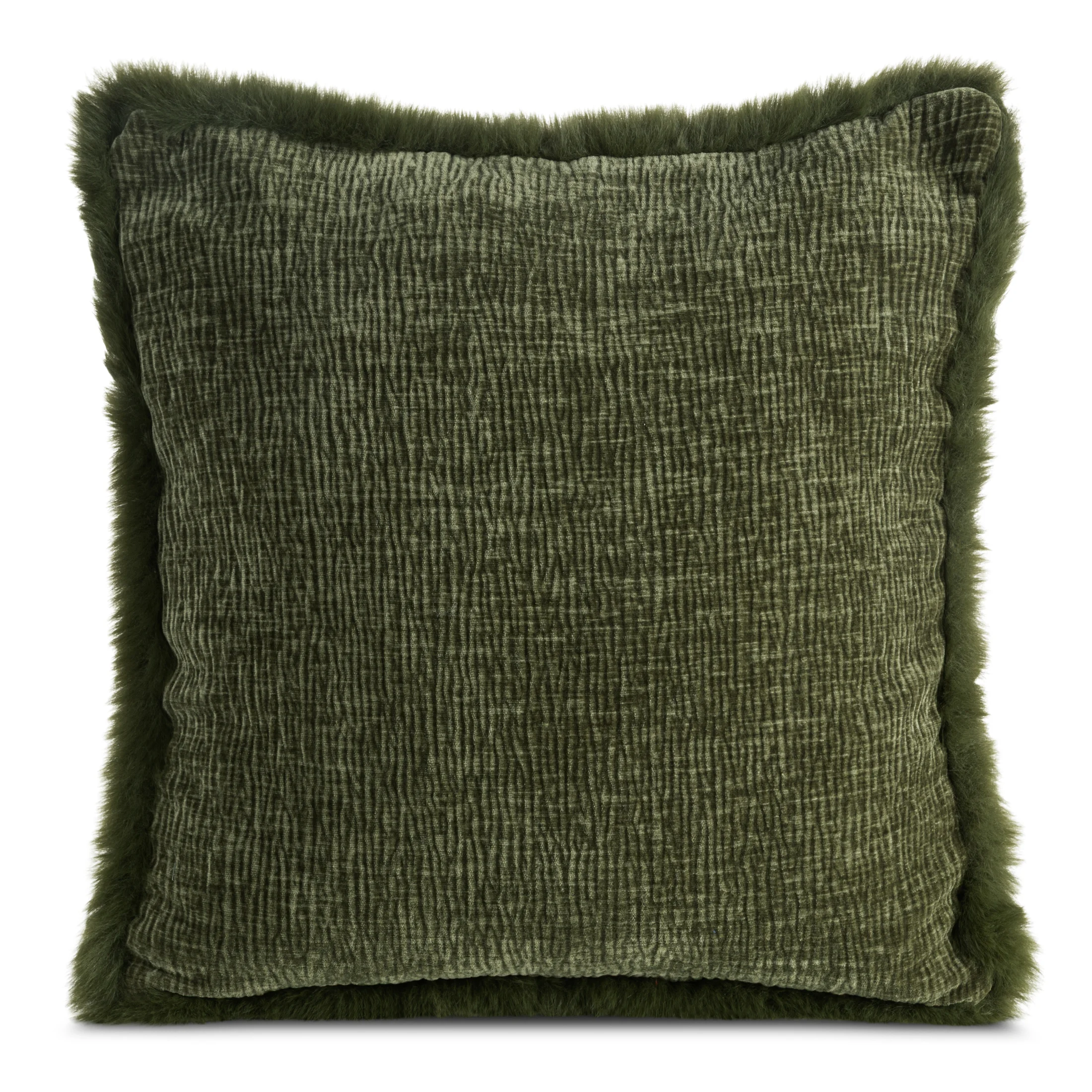 Poszewka na poduszkę 45x45 cm oliwkowa szenilowa zdobiona futerkiem na brzegach BLANCA 01 | eurofirany