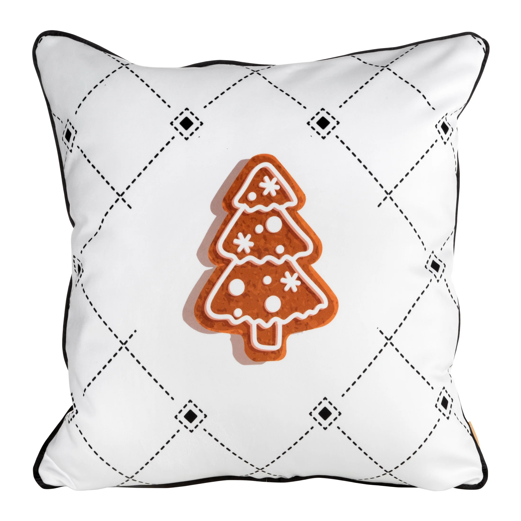 Poszewka na poduszkę 60x60 cm świąteczna z miękkiego welwetu biało brązowa z motywem piernikowej choinki JOY | eurofirany