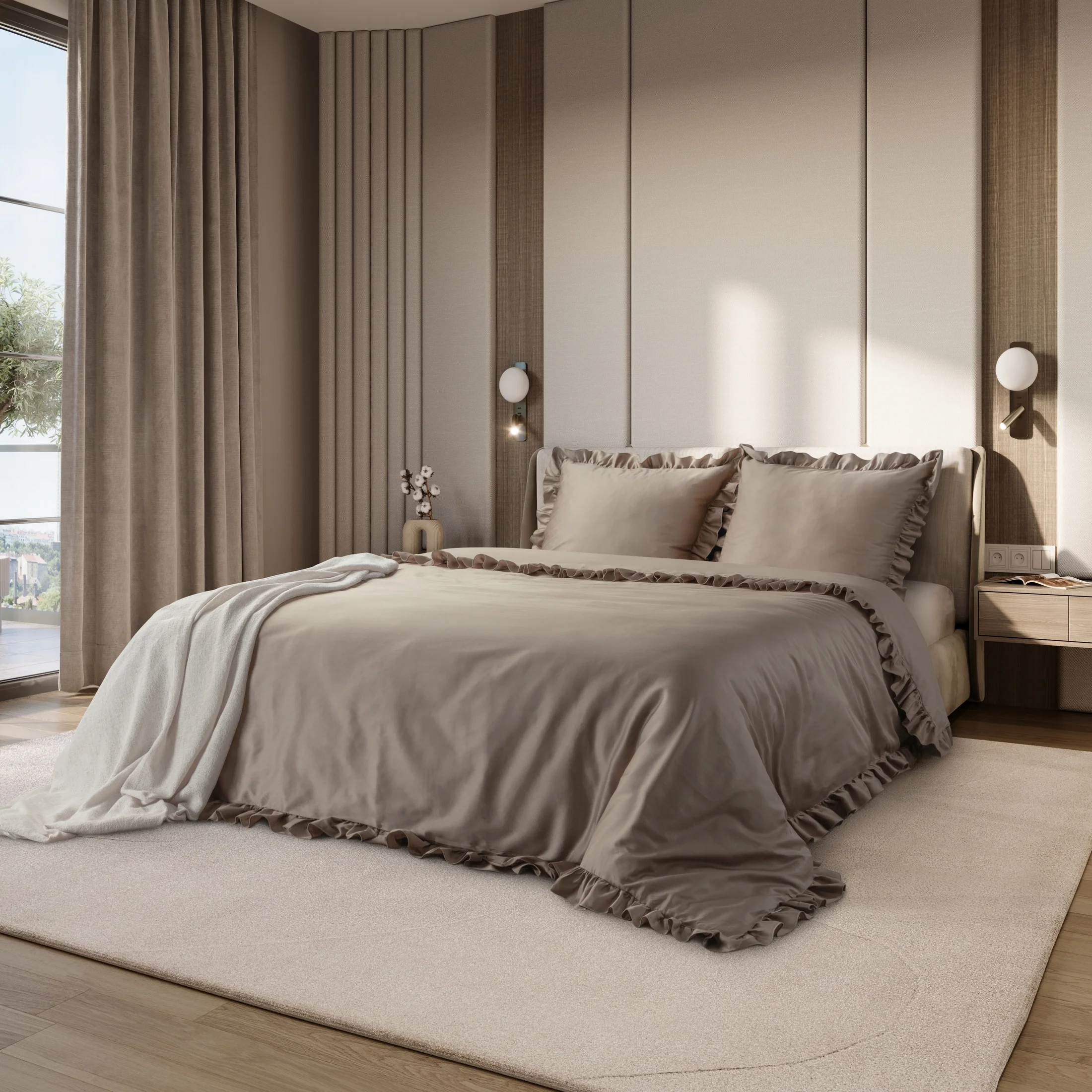 Pościel 160x200 cm bawełniana z makosatyny kolor jasnobrązowy z falbanami w romantycznym stylu Reina Line |