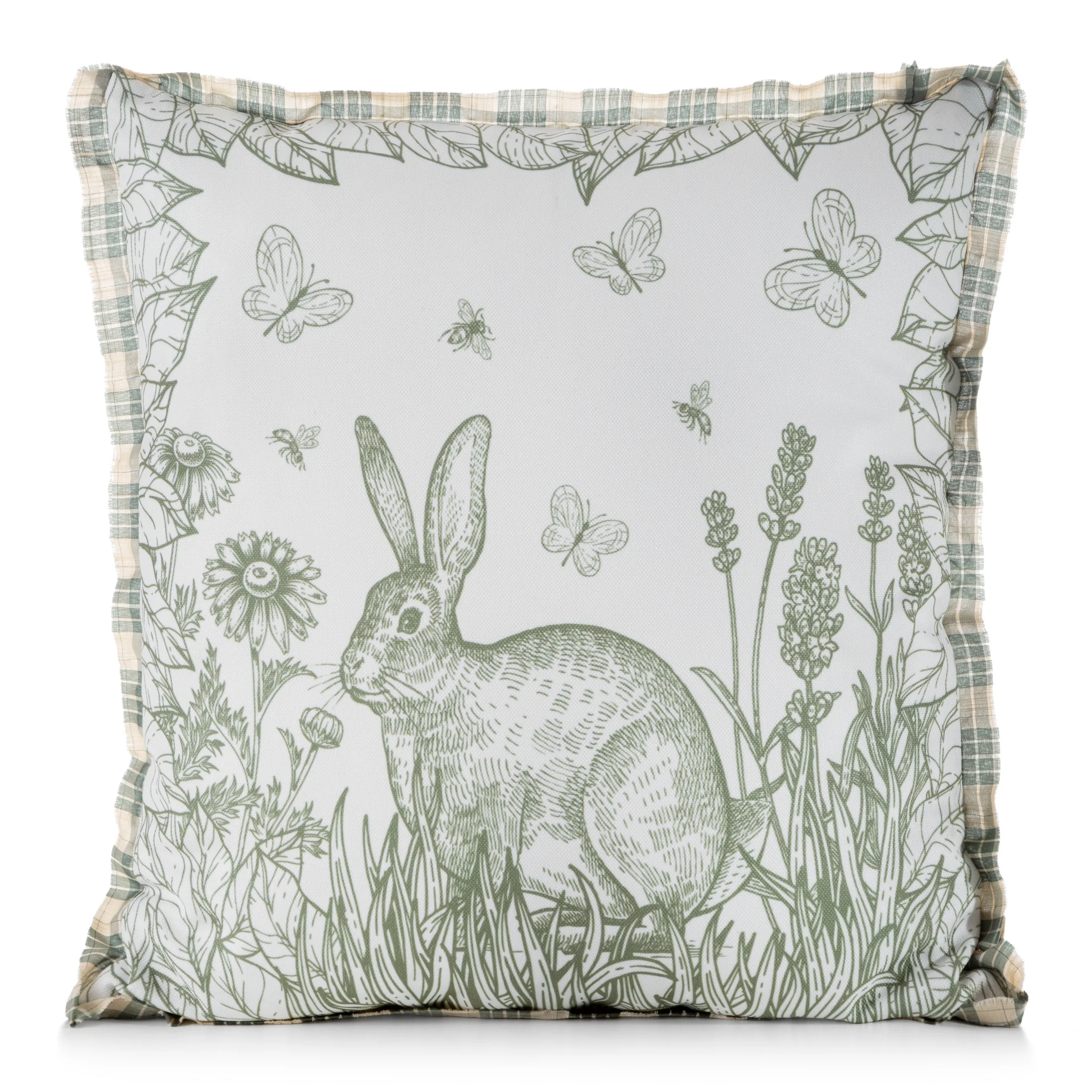 Poszewka na poduszkę 45x45 cm o strukturze lnu kremowo, zielona zdobiona nadrukiem zajączka WIOSNA 60 | eurofirany