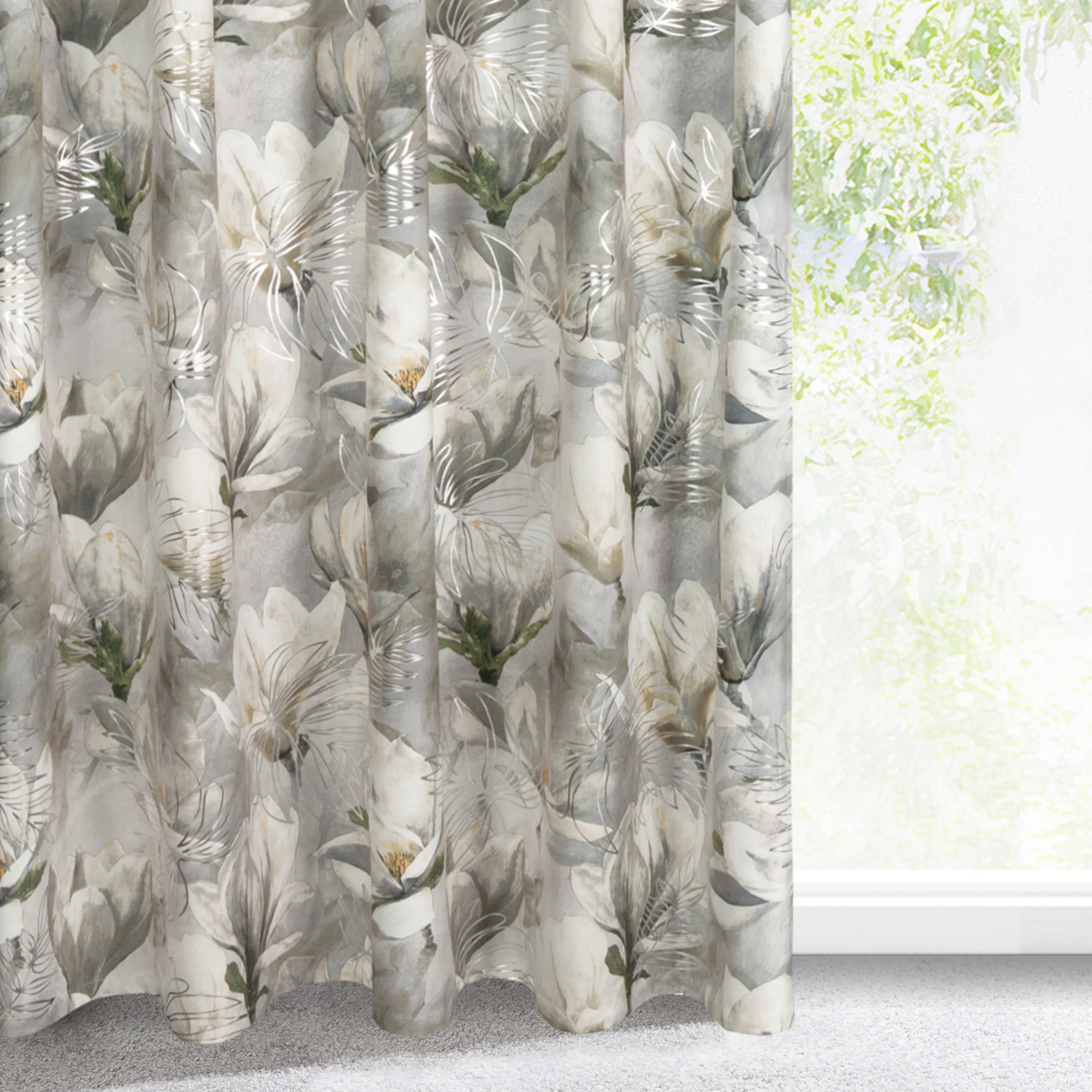 Zasłona stalowo, srebrna z kwiatowym wzorem z welwetu 140x300 cm taśma imitująca flex - SANDY | eurofirany